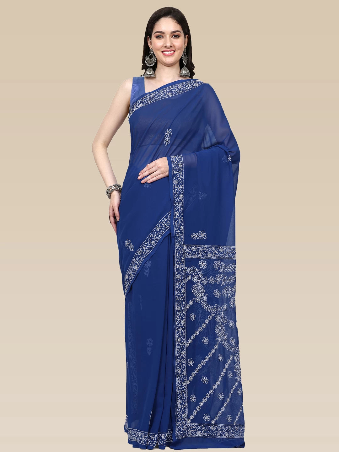 Ada Hand Embroidered Royal Blue Georgette Lucknowi Chikankari Saree with Blouse A311368