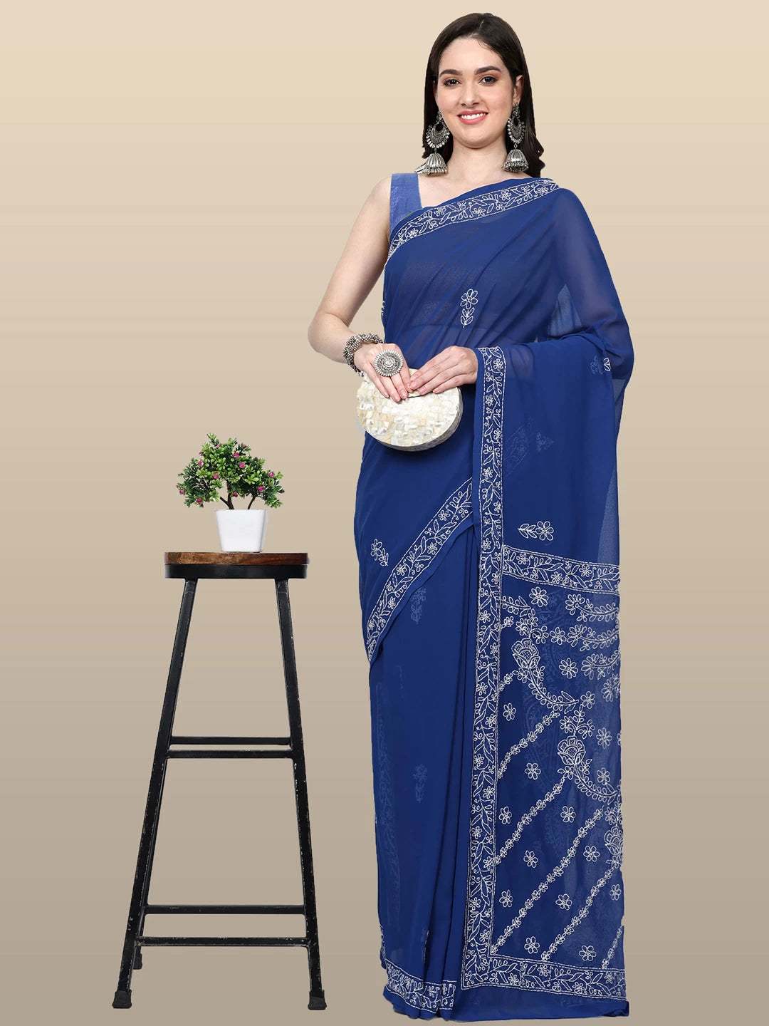 Ada Hand Embroidered Royal Blue Georgette Lucknowi Chikankari Saree with Blouse A311368