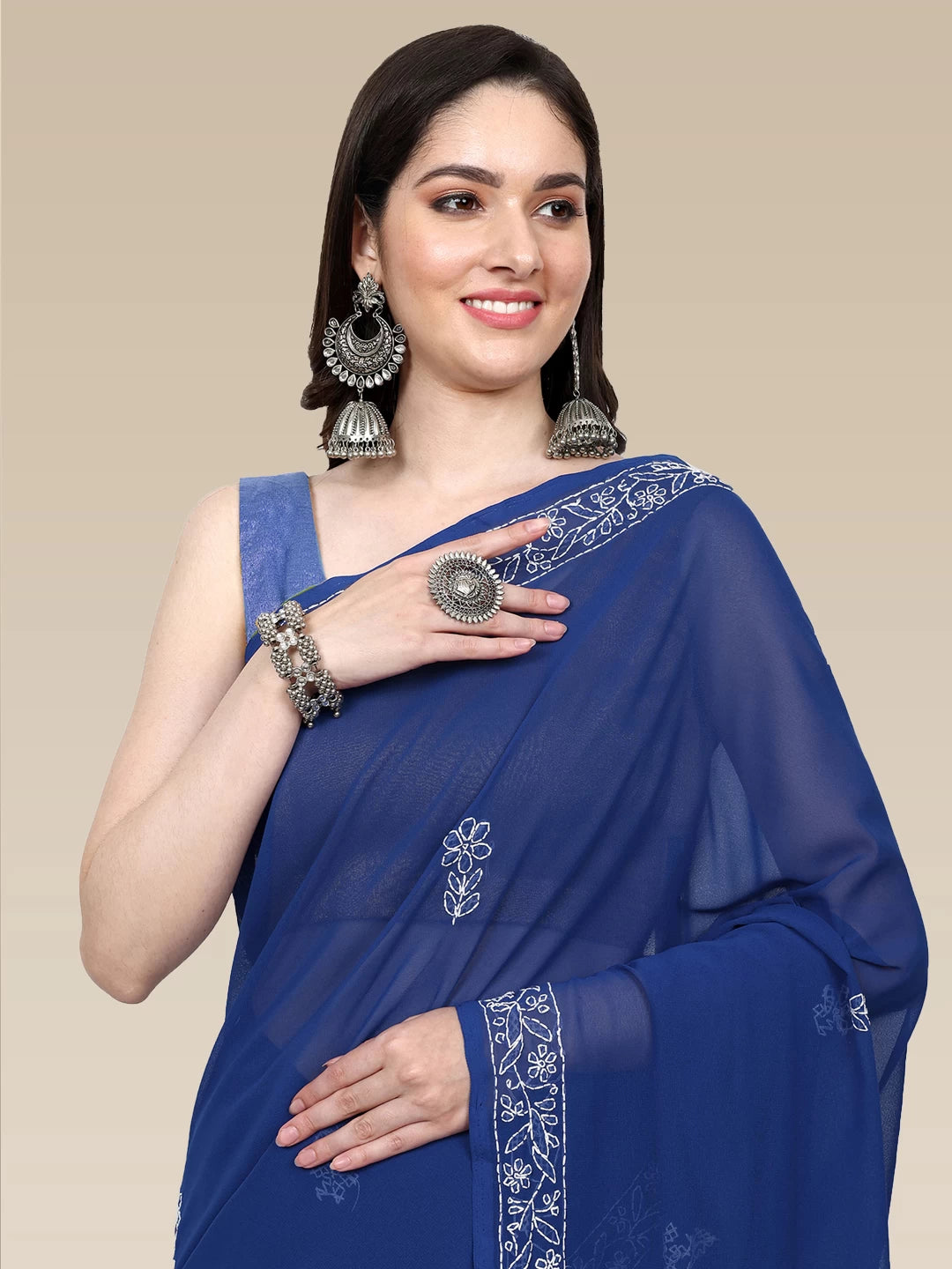 Ada Hand Embroidered Royal Blue Georgette Lucknowi Chikankari Saree with Blouse A311368