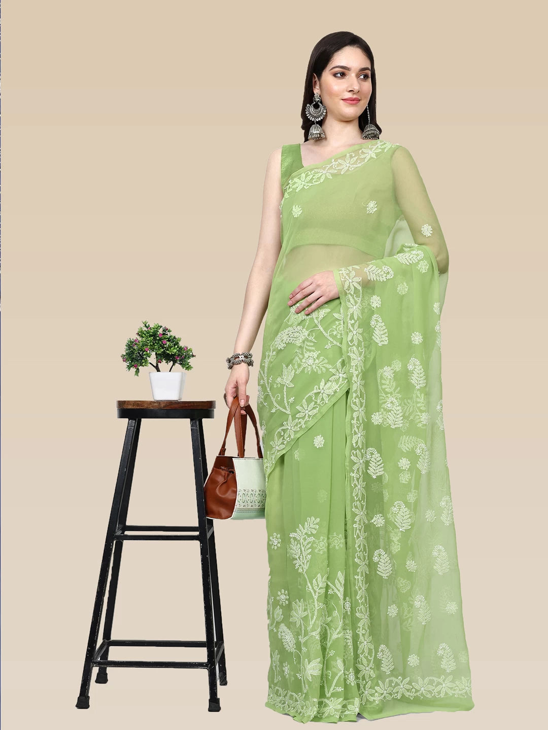 Ada Hand Embroidered Green Goergette Lucknowi Chikankari Saree With Blouse A311370