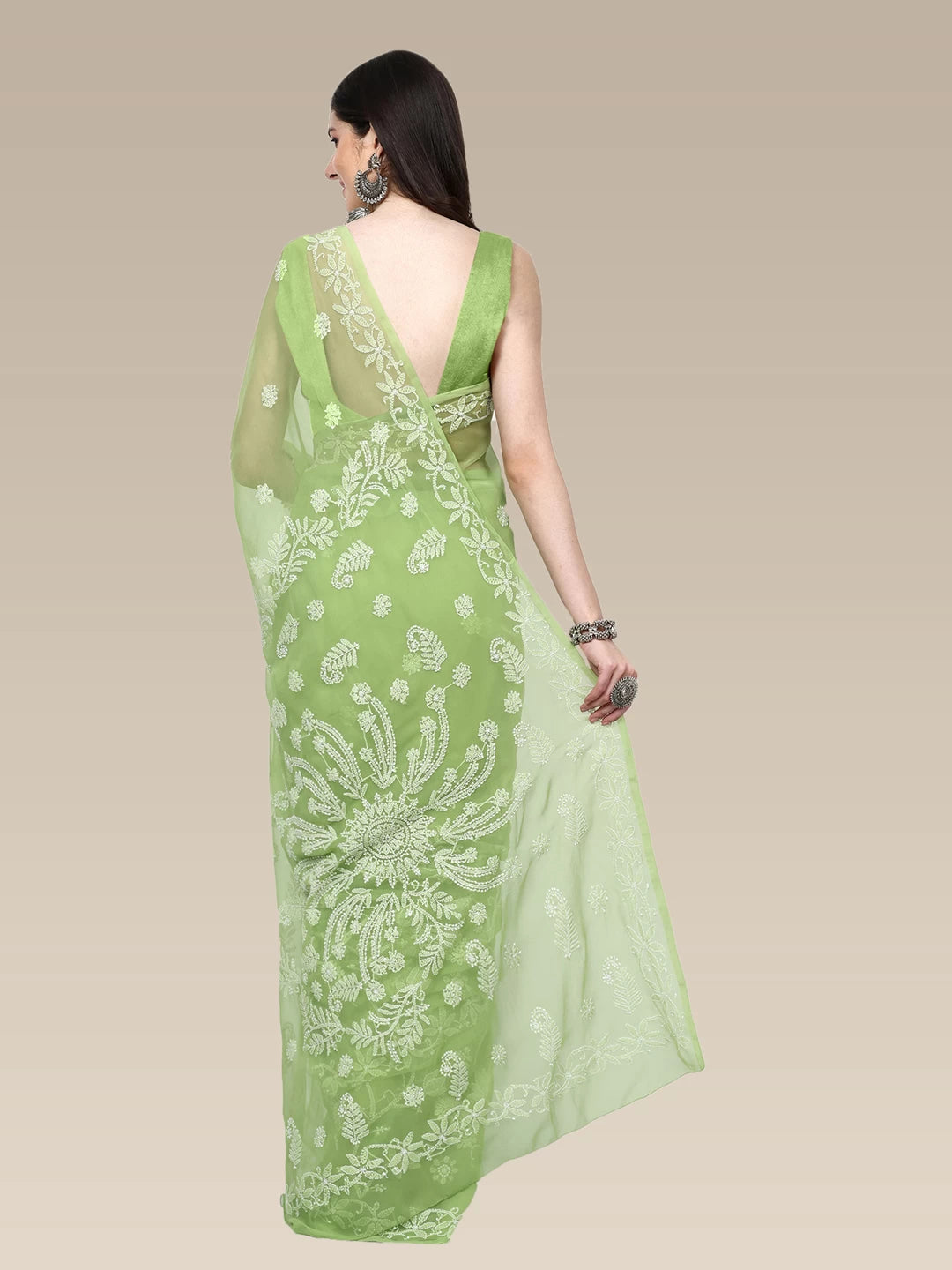 Ada Hand Embroidered Green Goergette Lucknowi Chikankari Saree With Blouse A311370