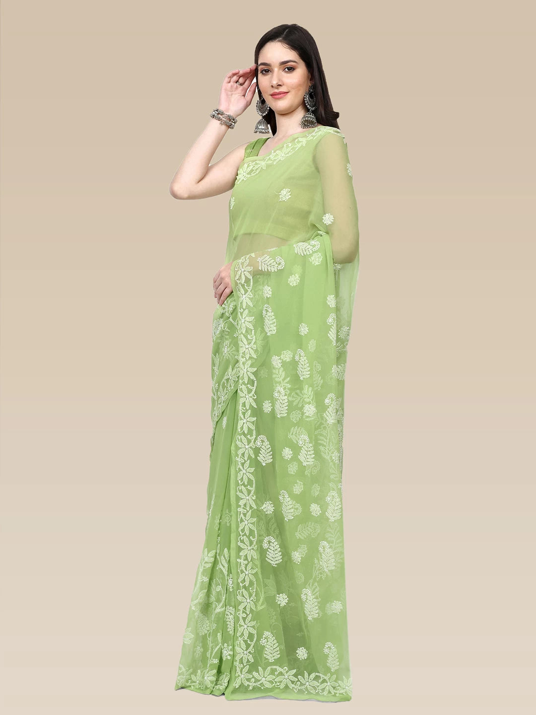 Ada Hand Embroidered Green Goergette Lucknowi Chikankari Saree With Blouse A311370