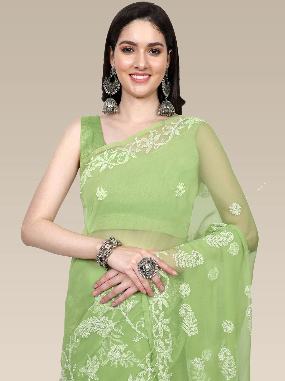 Ada Hand Embroidered Green Goergette Lucknowi Chikankari Saree With Blouse A311370