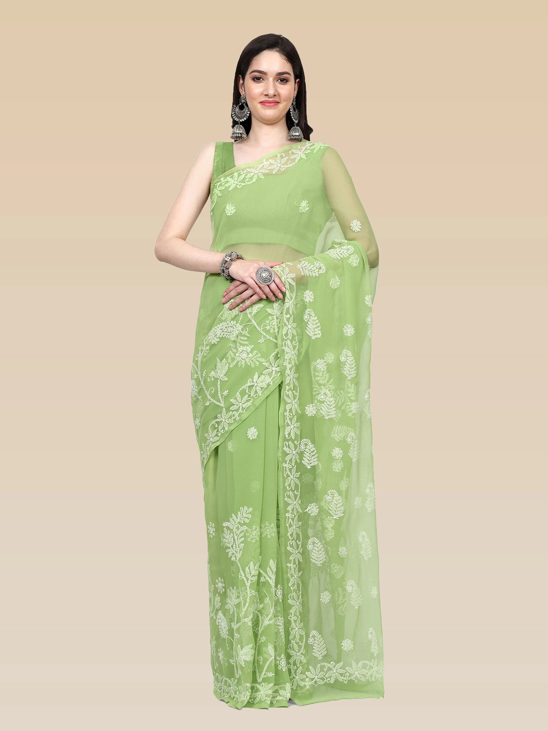 Ada Hand Embroidered Green Goergette Lucknowi Chikankari Saree With Blouse A311370