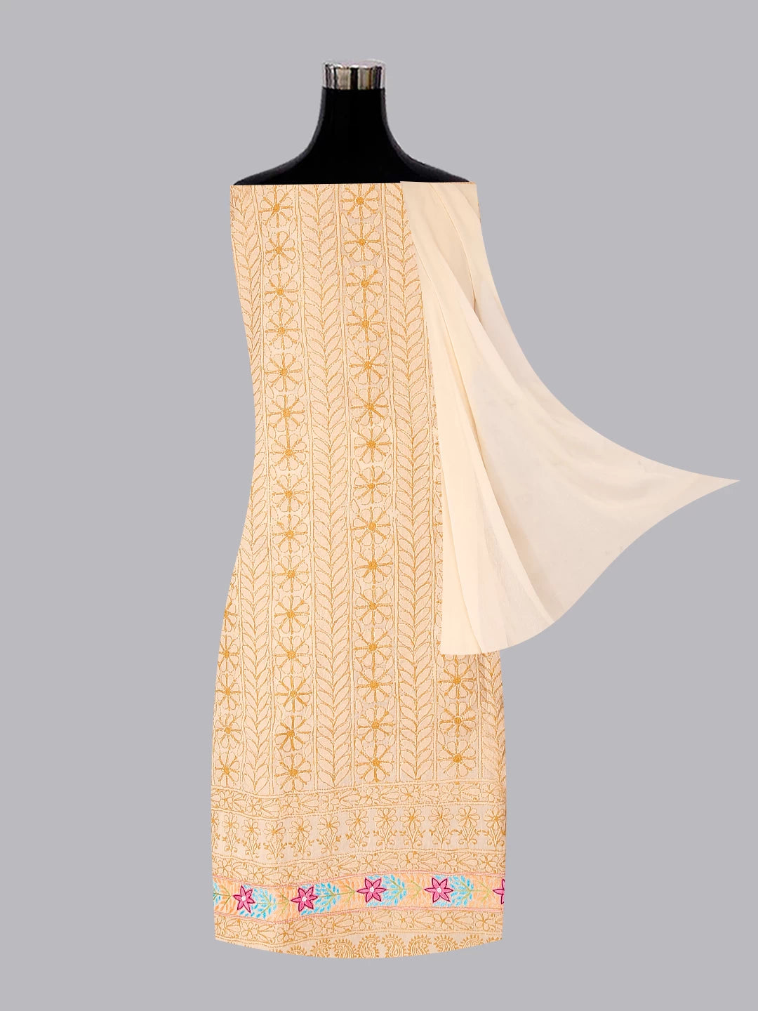 Ada Hand Embroidered Fawn Cotton Lucknowi Chikankari Unstitched Suit Piece With Parsi Work 01A474404