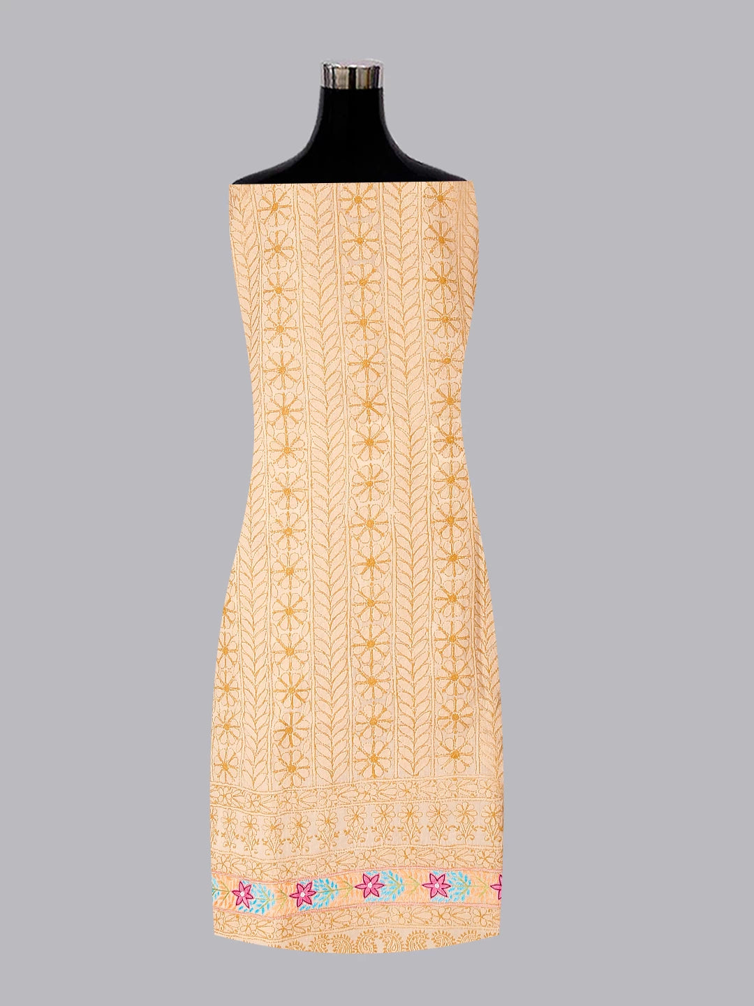 Ada Hand Embroidered Fawn Cotton Lucknowi Chikankari Unstitched Suit Piece With Parsi Work 01A474404