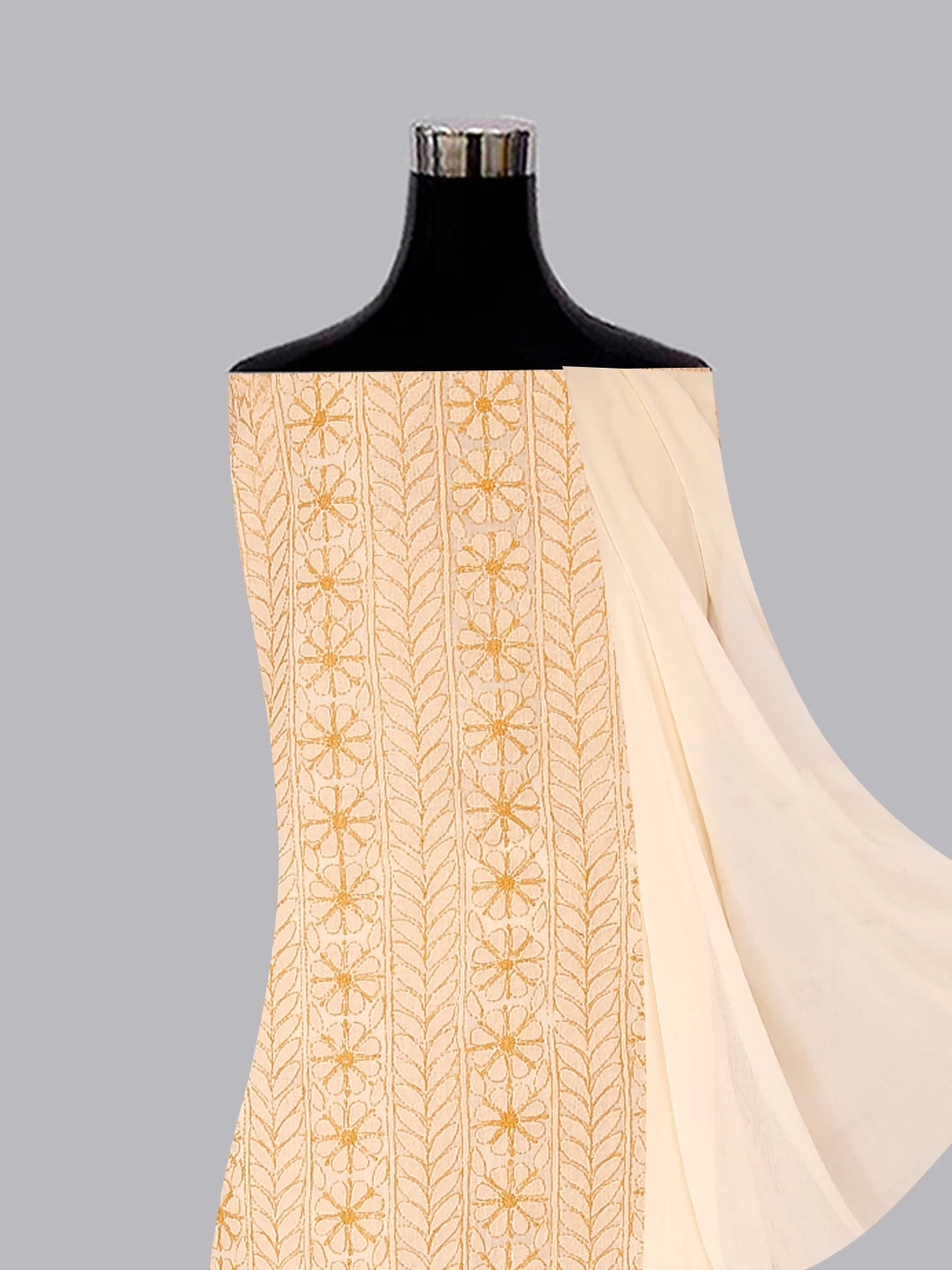 Ada Hand Embroidered Fawn Cotton Lucknowi Chikankari Unstitched Suit Piece With Parsi Work 01A474404
