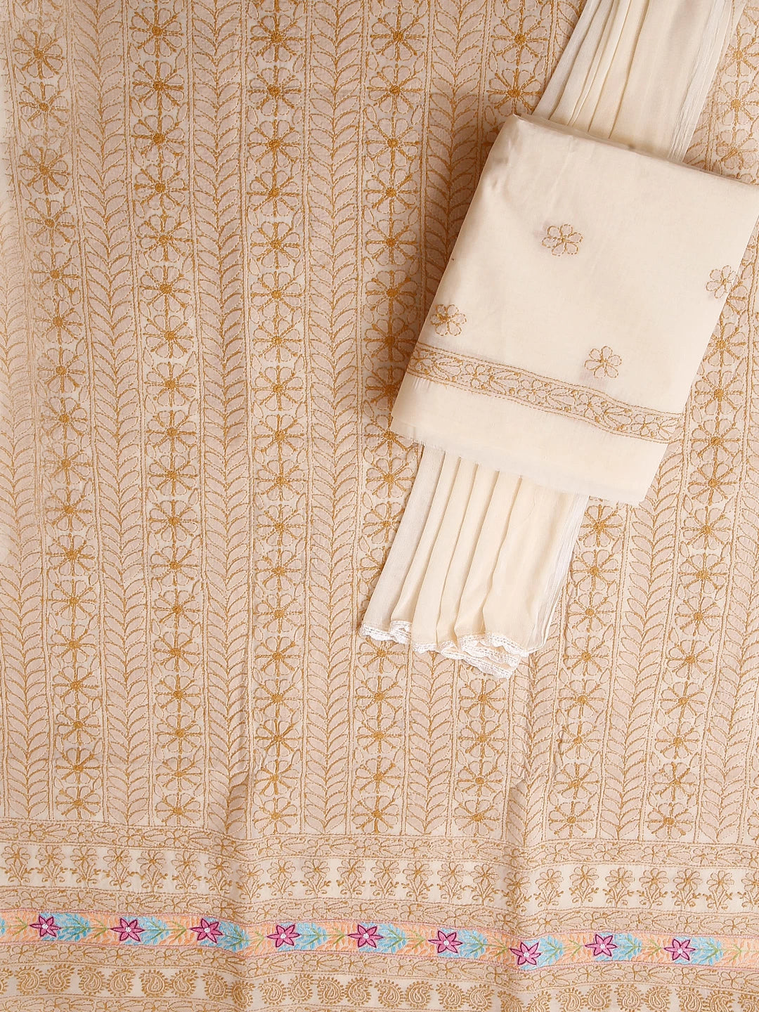 Ada Hand Embroidered Fawn Cotton Lucknowi Chikankari Unstitched Suit Piece With Parsi Work 01A474404