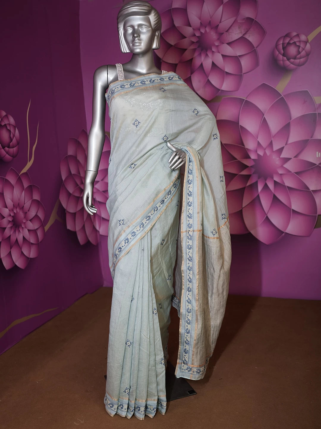 Ada Hand Embroidered Light Turquoise Tissue Lucknowi Chikankari Saree With Blouse 01A470624