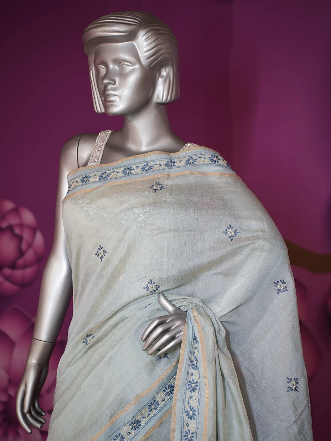 Ada Hand Embroidered Light Turquoise Tissue Lucknowi Chikankari Saree With Blouse 01A470624