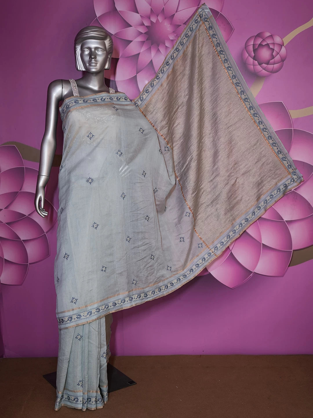 Ada Hand Embroidered Light Turquoise Tissue Lucknowi Chikankari Saree With Blouse 01A470624