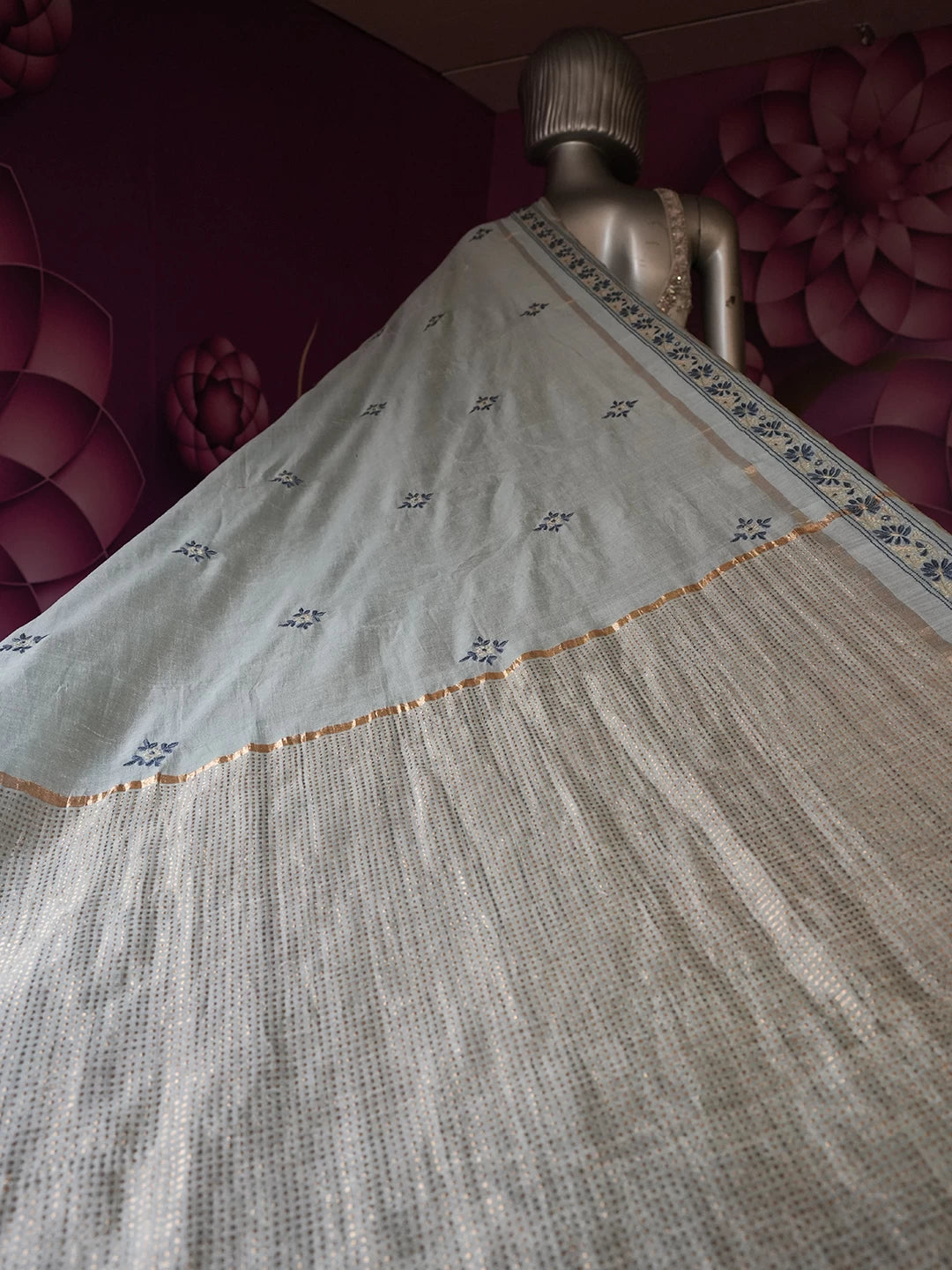 Ada Hand Embroidered Light Turquoise Tissue Lucknowi Chikankari Saree With Blouse 01A470624