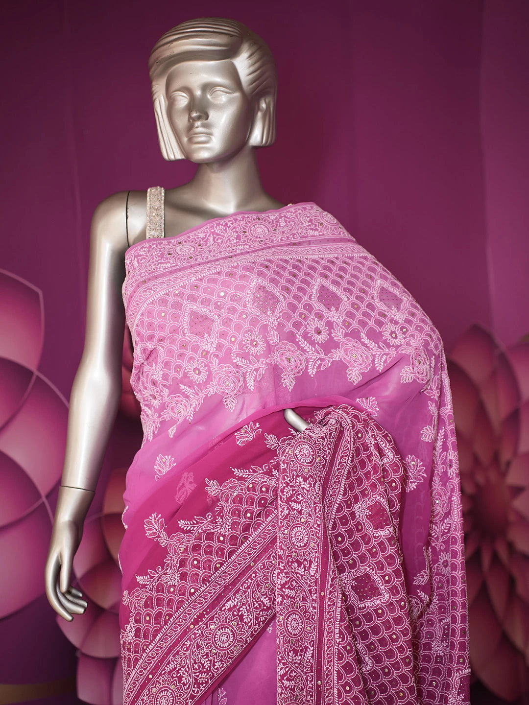 Ada Hand Embroidered Ombre Shade Of Magenta Pure Georgette Lucknowi Chikankari Saree With Blouse 01A398199