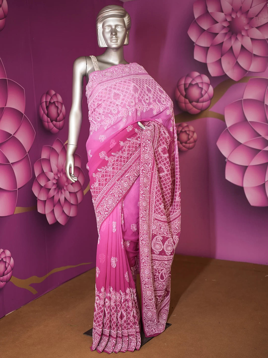 Ada Hand Embroidered Ombre Shade Of Magenta Pure Georgette Lucknowi Chikankari Saree With Blouse 01A398199