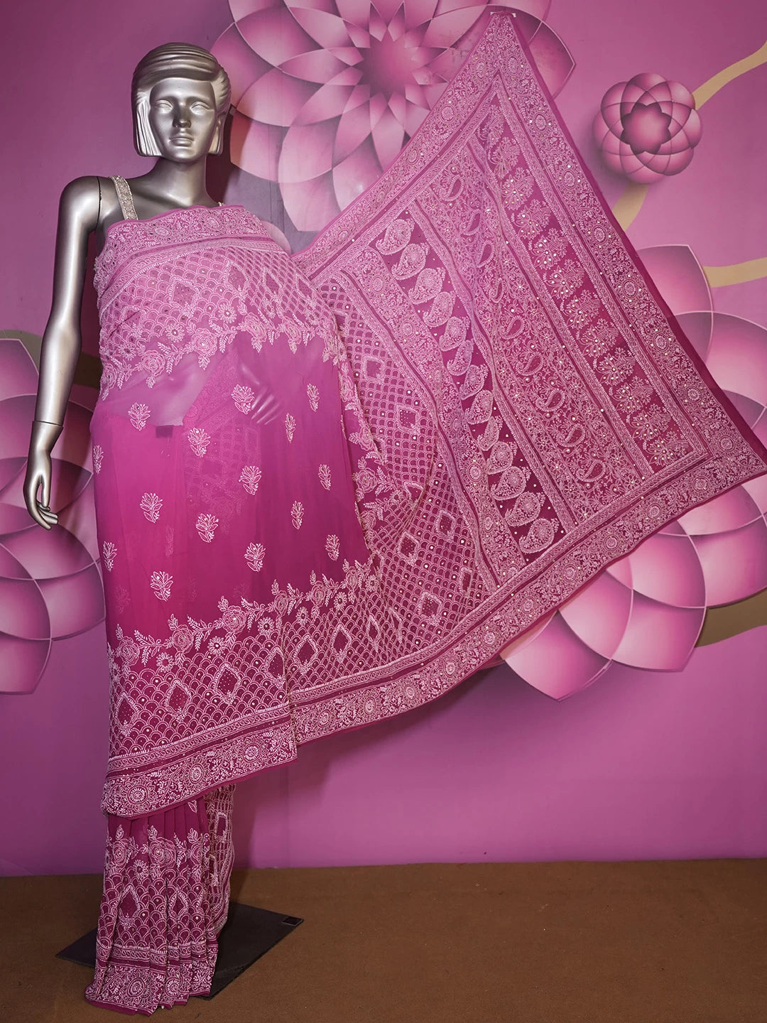 Ada Hand Embroidered Ombre Shade Of Magenta Pure Georgette Lucknowi Chikankari Saree With Blouse 01A398199