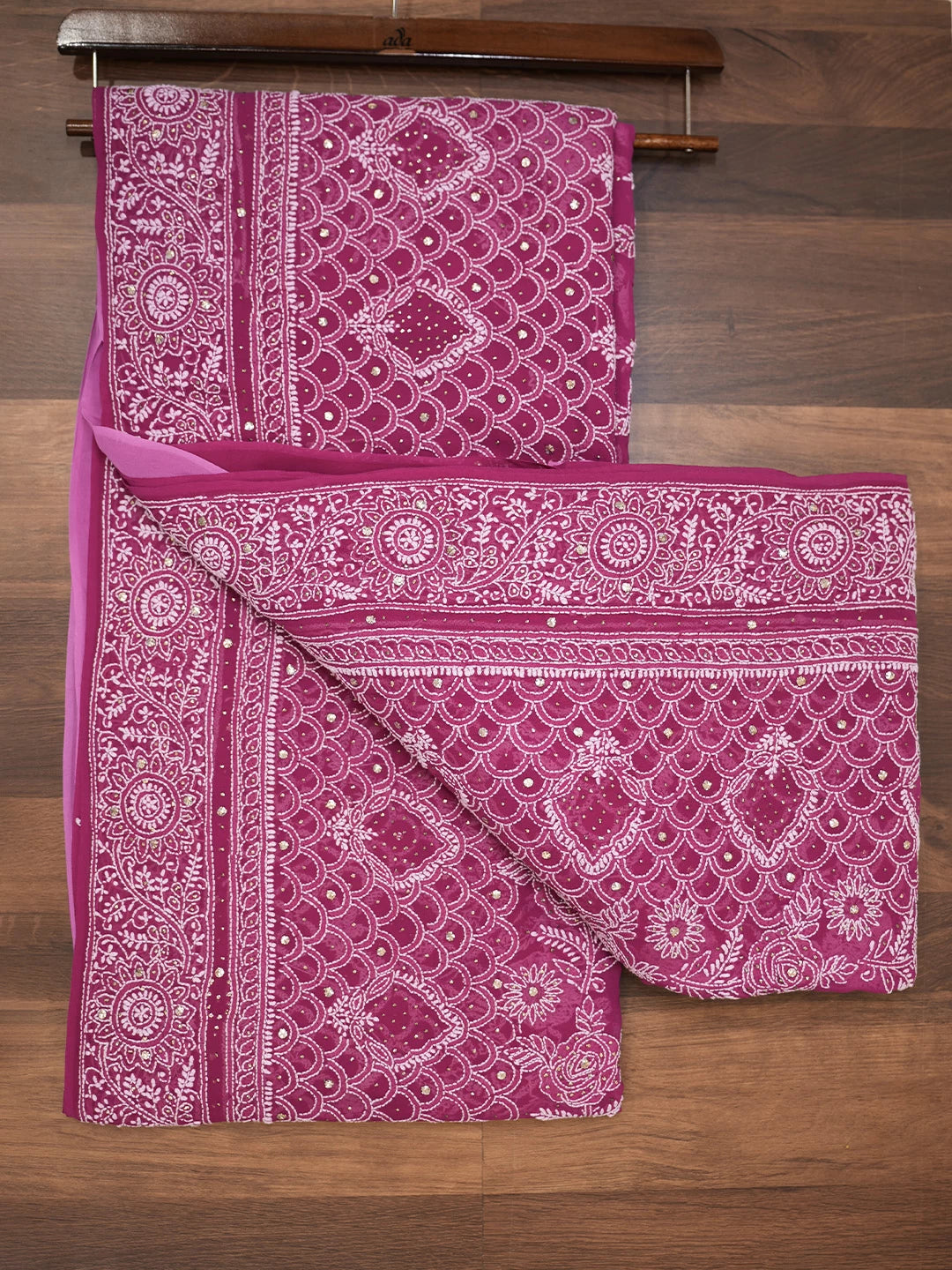 Ada Hand Embroidered Ombre Shade Of Magenta Pure Georgette Lucknowi Chikankari Saree With Blouse 01A398199
