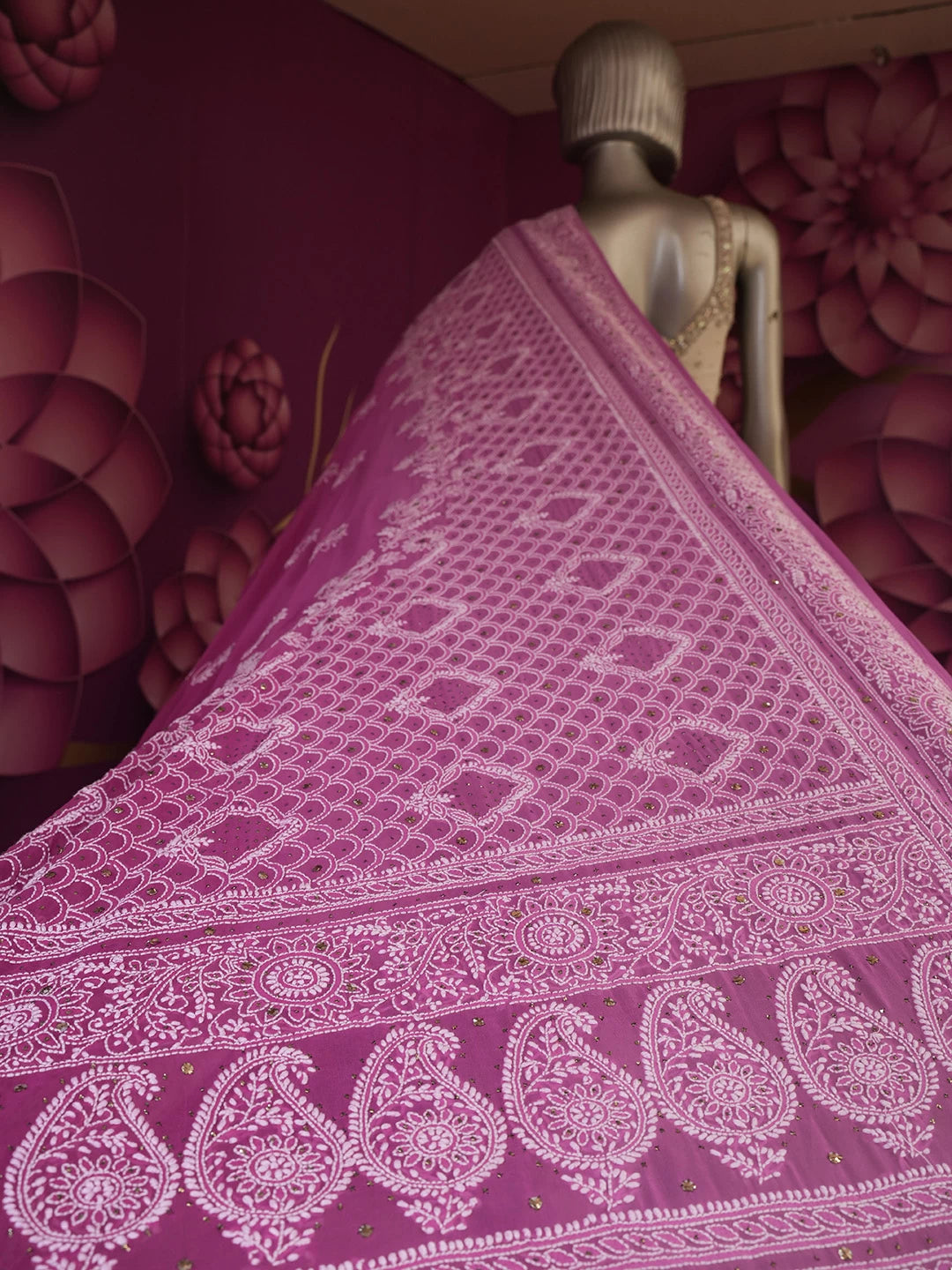 Ada Hand Embroidered Ombre Shade Of Magenta Pure Georgette Lucknowi Chikankari Saree With Blouse 01A398199