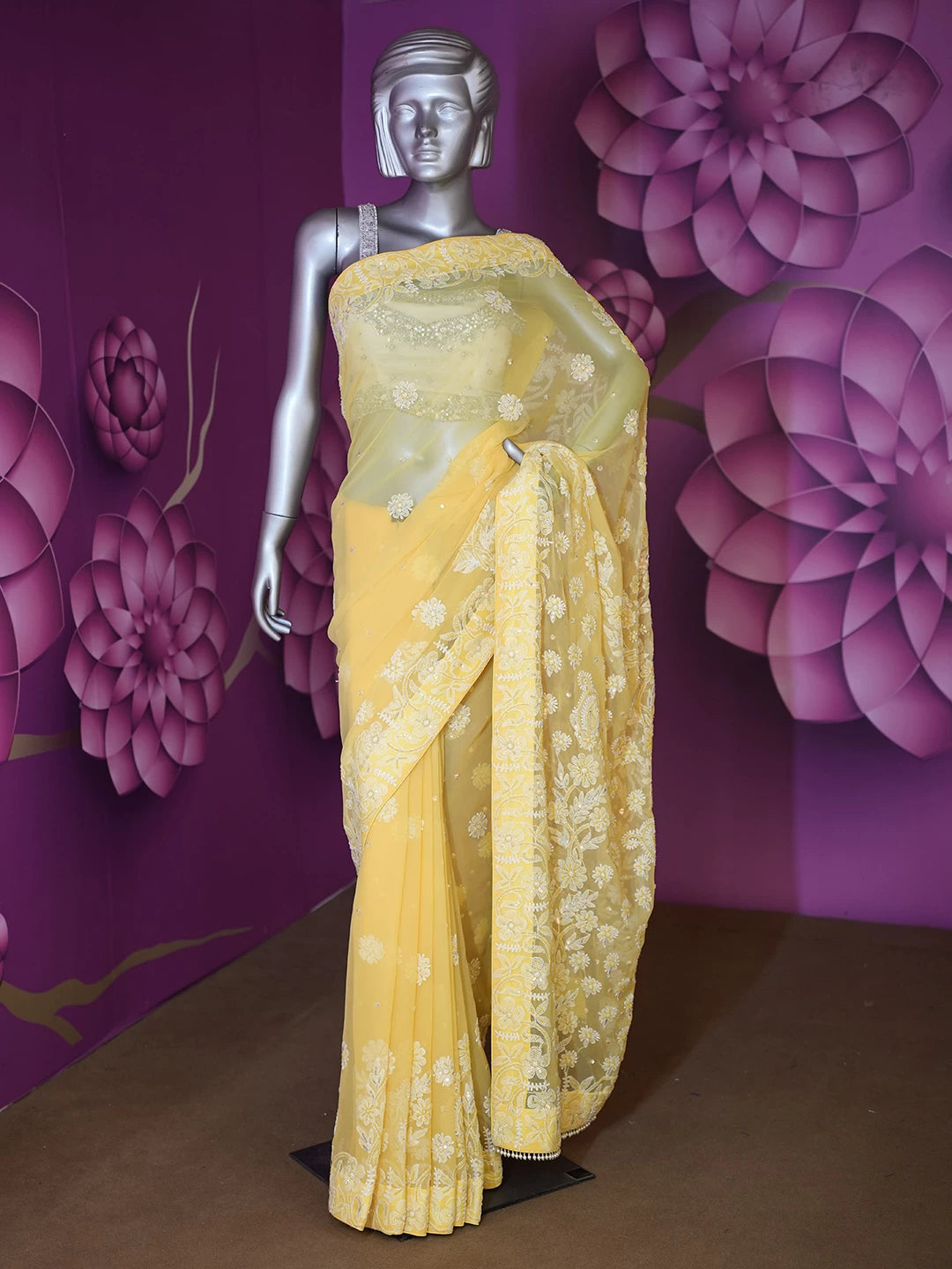 Ada Hand Embroidered Yellow Georgette Lucknowi Chikankari Saree With Blouse And Pearl Work 01A107746