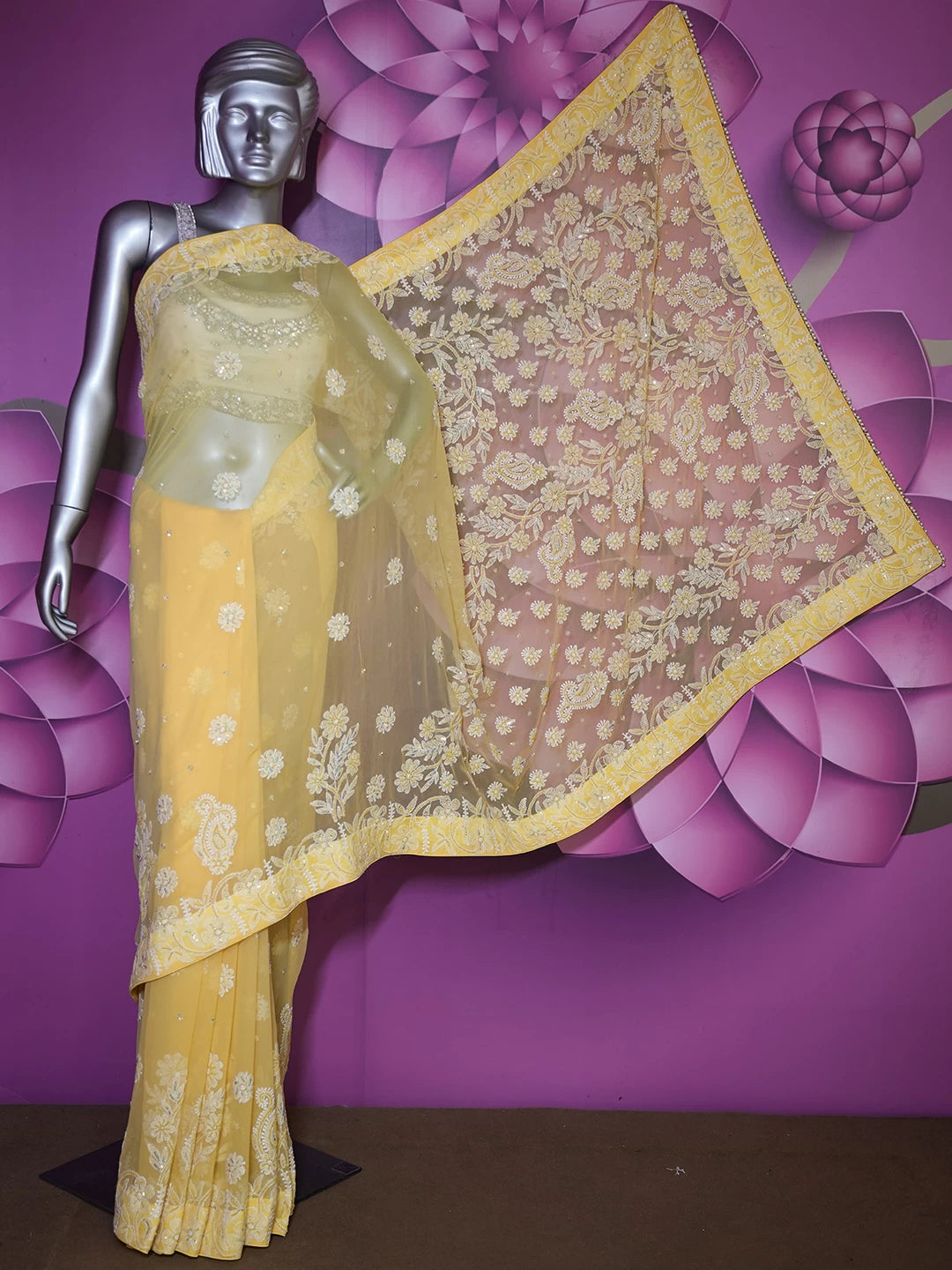 Ada Hand Embroidered Yellow Georgette Lucknowi Chikankari Saree With Blouse And Pearl Work 01A107746