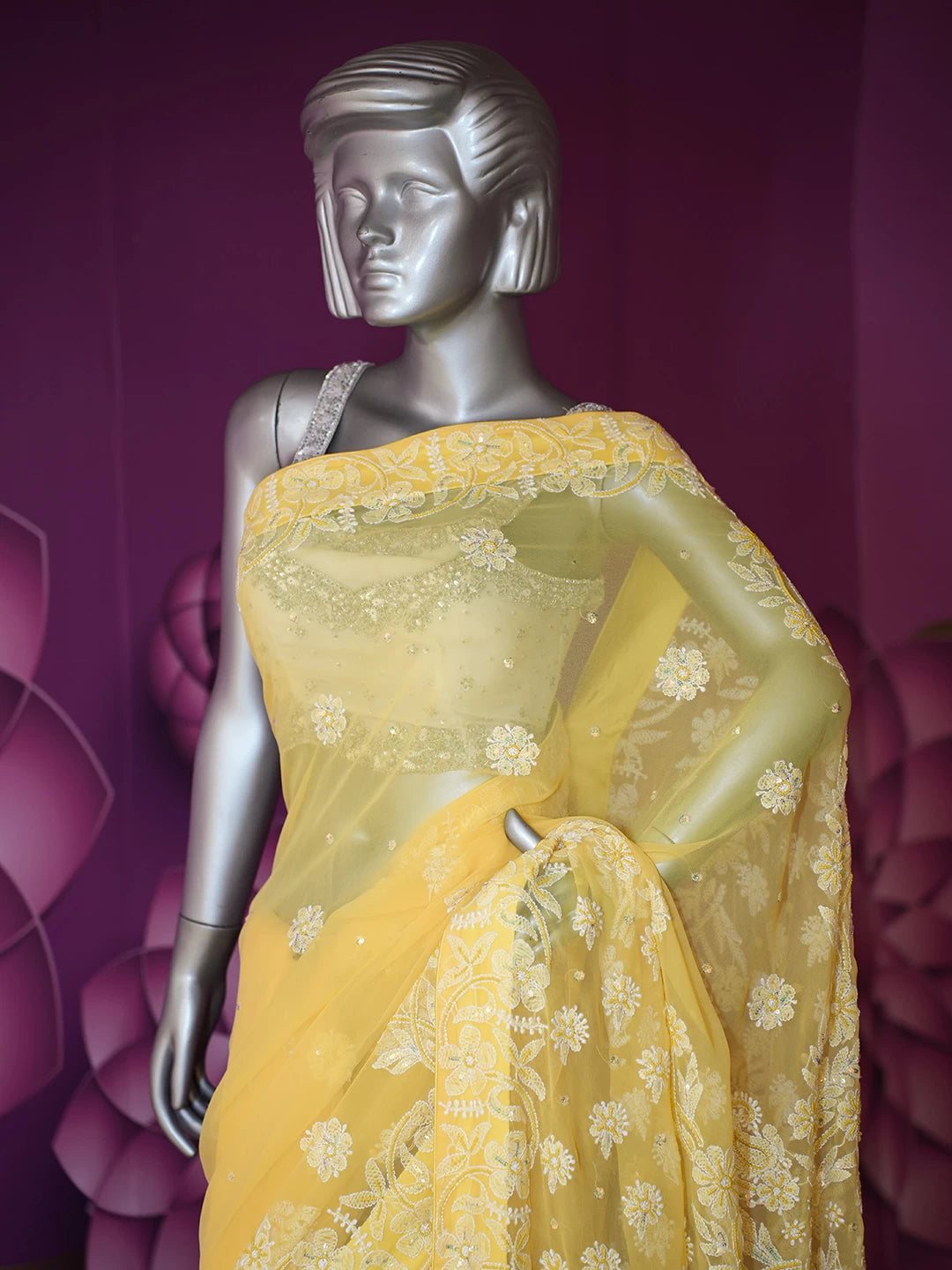 Ada Hand Embroidered Yellow Georgette Lucknowi Chikankari Saree With Blouse And Pearl Work 01A107746