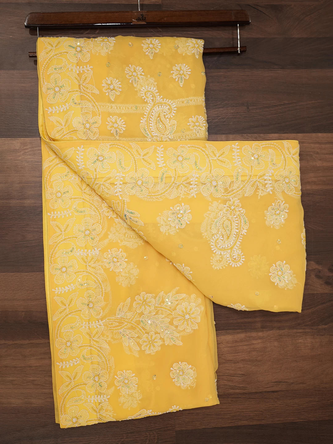 Ada Hand Embroidered Yellow Georgette Lucknowi Chikankari Saree With Blouse And Pearl Work 01A107746