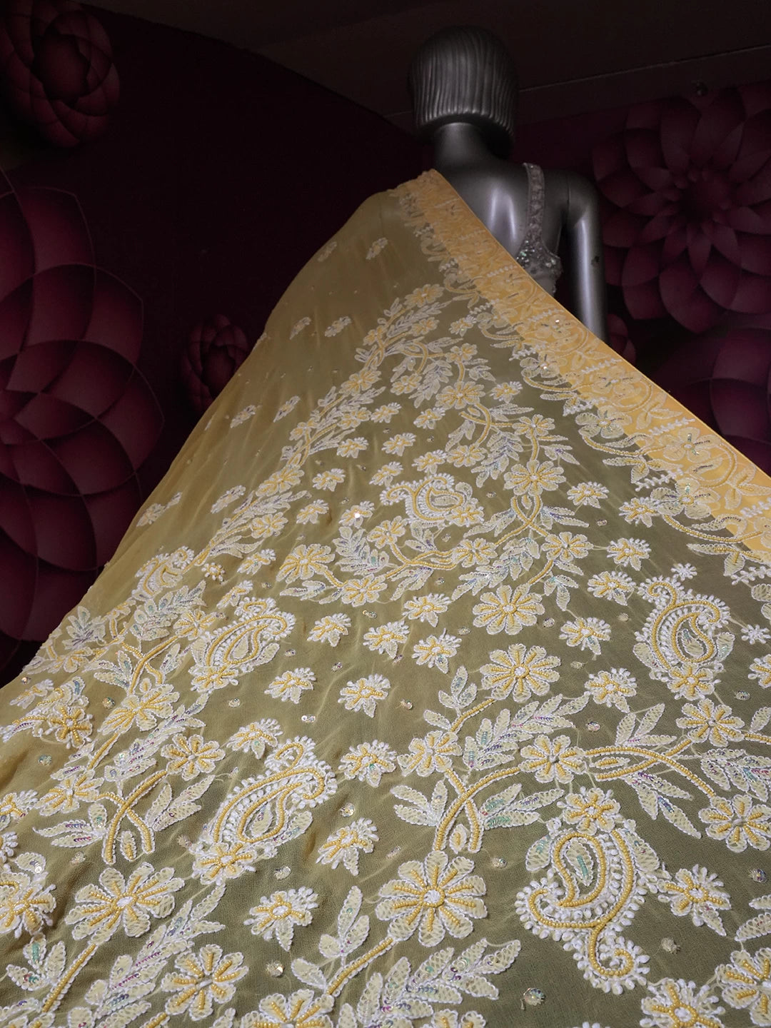 Ada Hand Embroidered Yellow Georgette Lucknowi Chikankari Saree With Blouse And Pearl Work 01A107746