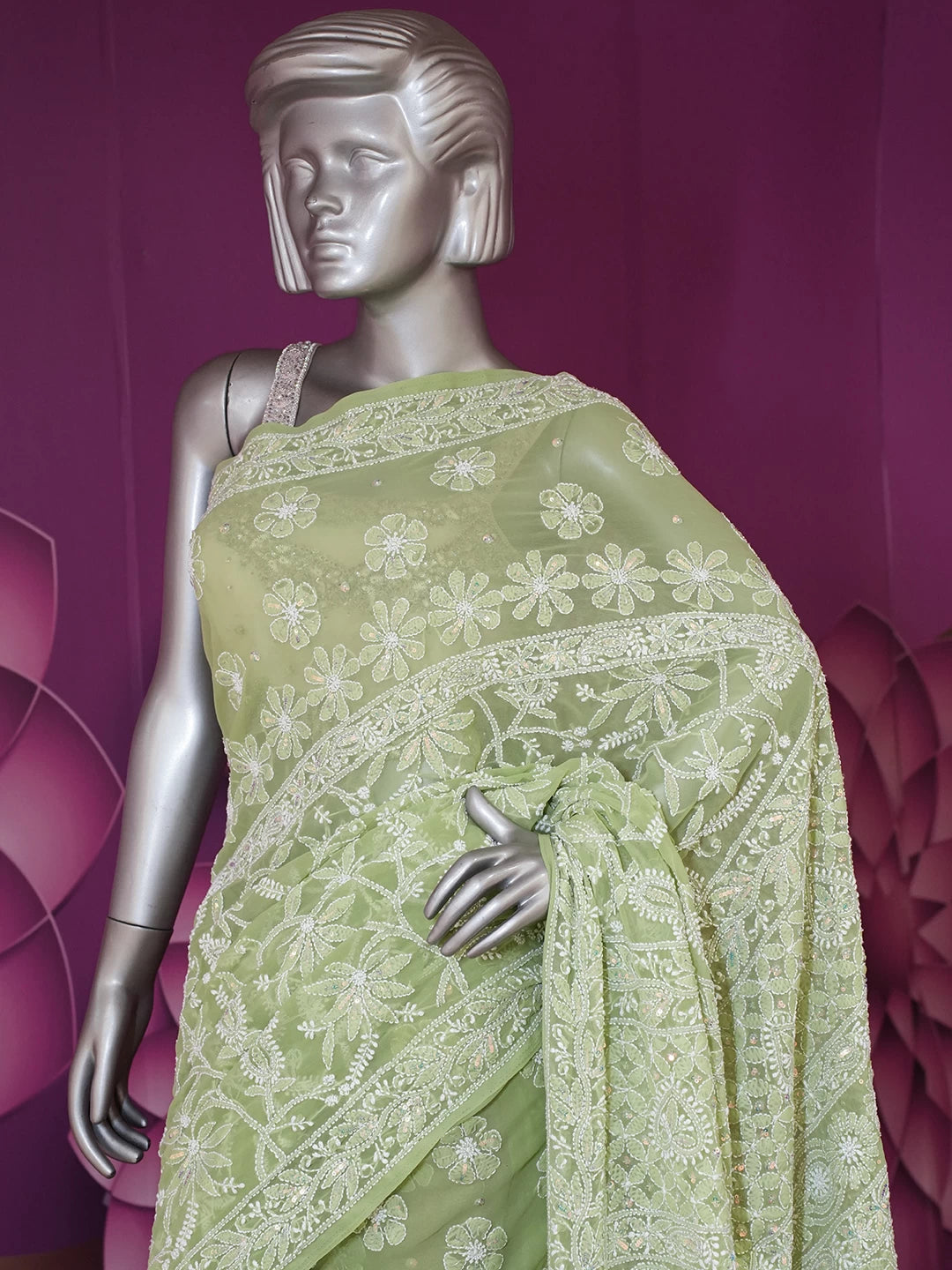Ada Hand Embroidered Green Georgette Lucknowi Chikankari Saree With Blouse And Pearl Work 01A437425