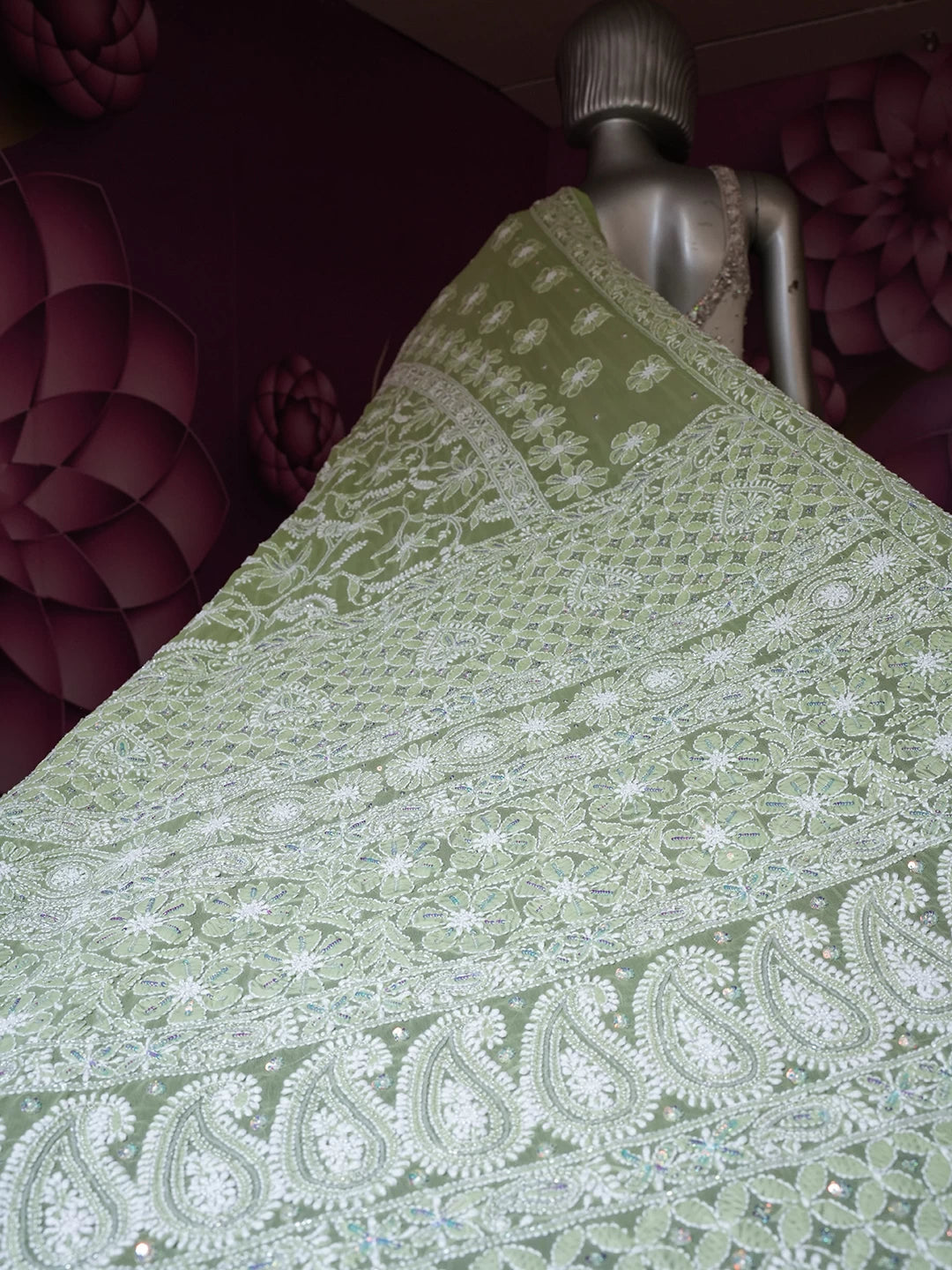 Ada Hand Embroidered Green Georgette Lucknowi Chikankari Saree With Blouse And Pearl Work 01A437425
