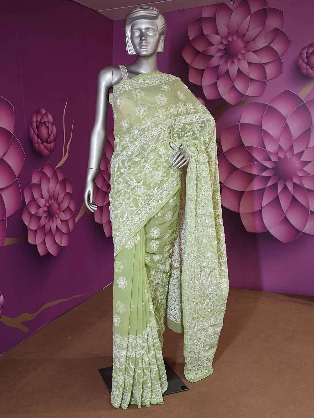 Ada Hand Embroidered Green Georgette Lucknowi Chikankari Saree With Blouse And Pearl Work 01A437425