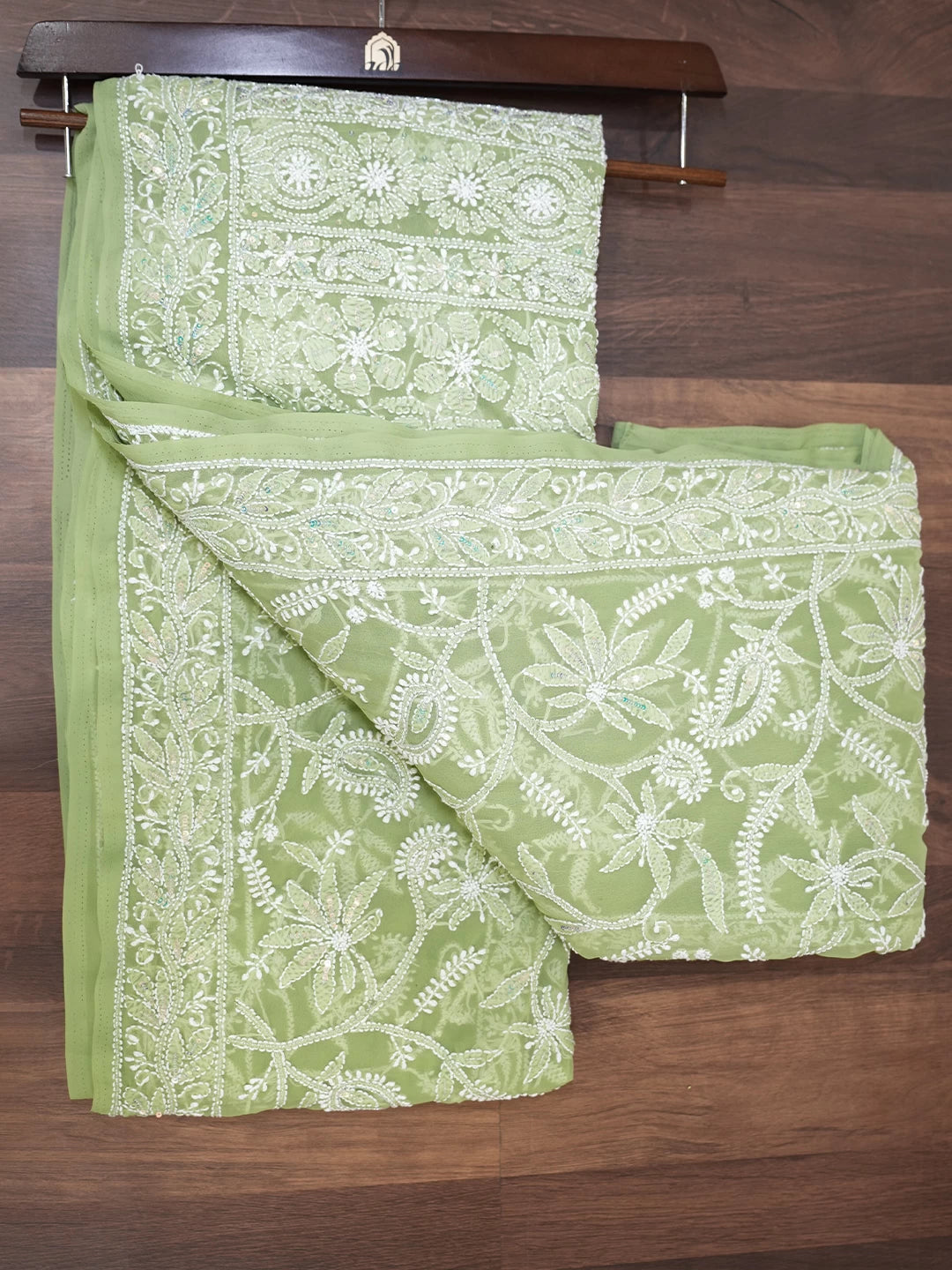 Ada Hand Embroidered Green Georgette Lucknowi Chikankari Saree With Blouse And Pearl Work 01A437425
