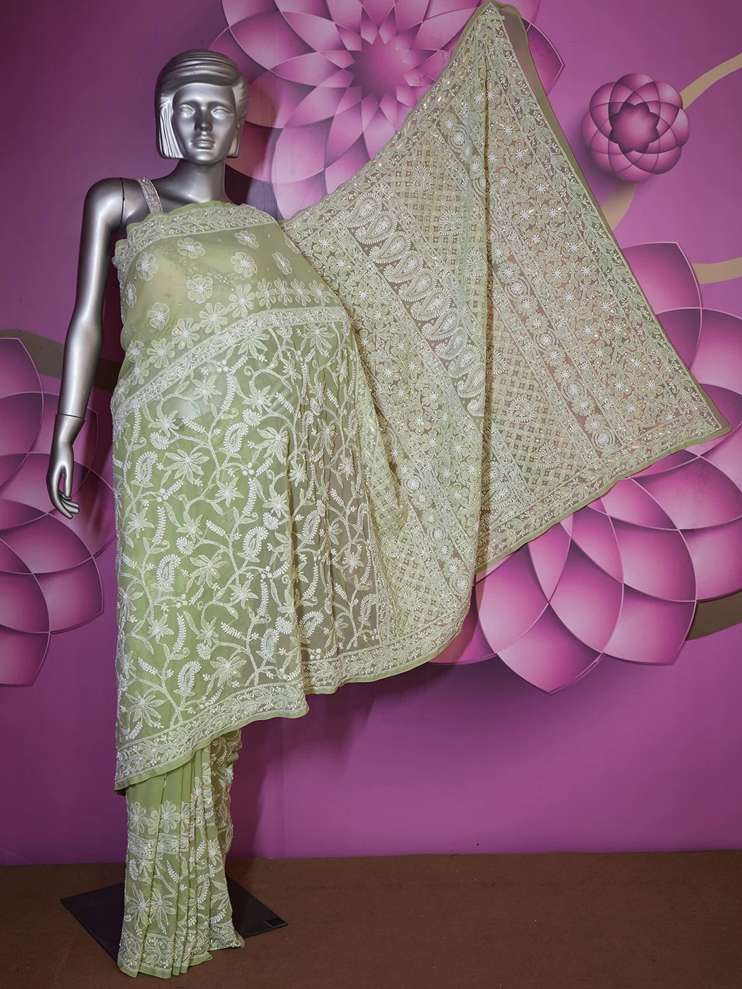 Ada Hand Embroidered Green Georgette Lucknowi Chikankari Saree With Blouse And Pearl Work 01A437425