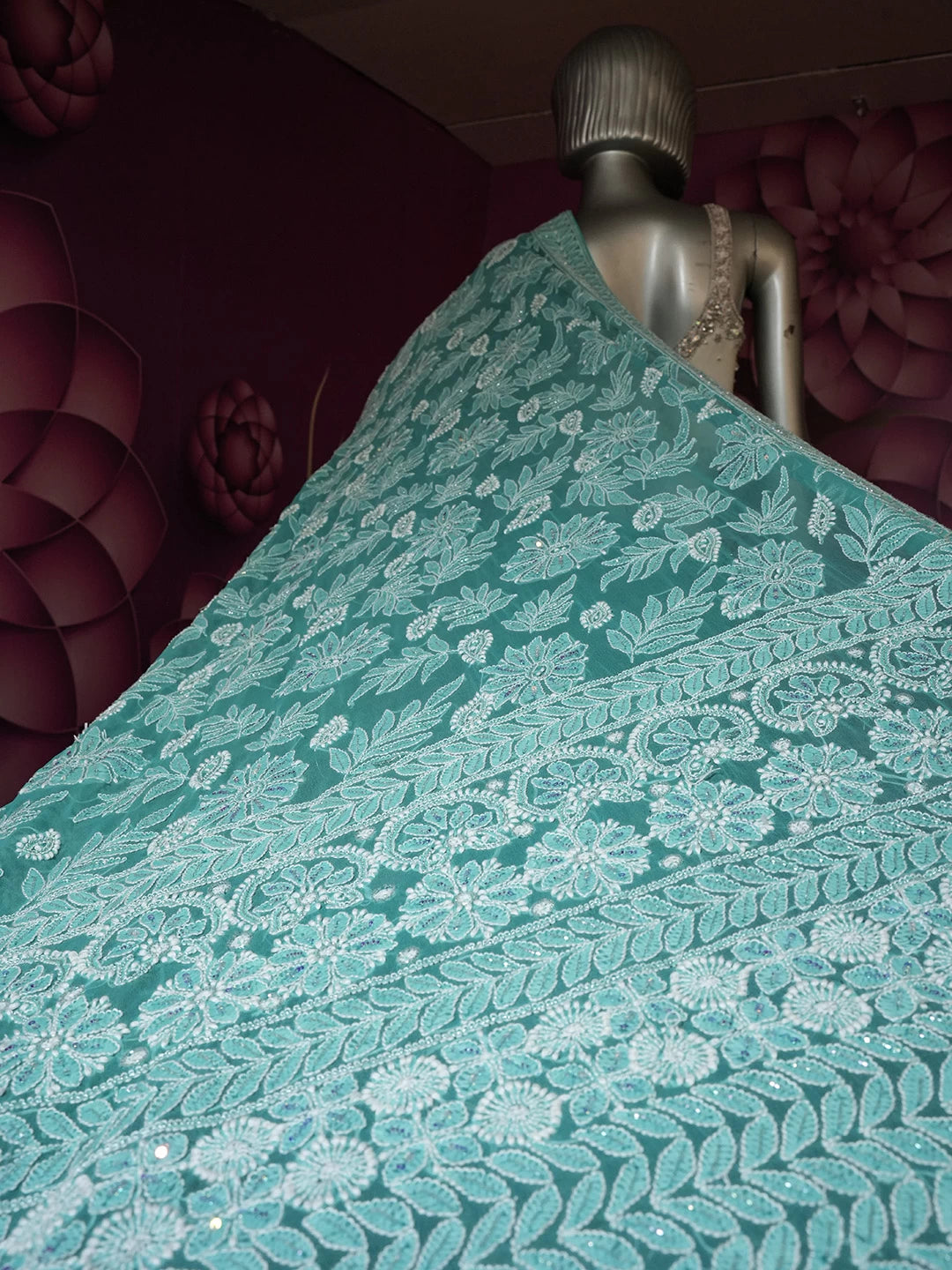Ada Hand Embroidered Rama Green Georgette Lucknowi Chikankari Saree With Blouse And Cutdana Work 01A304734