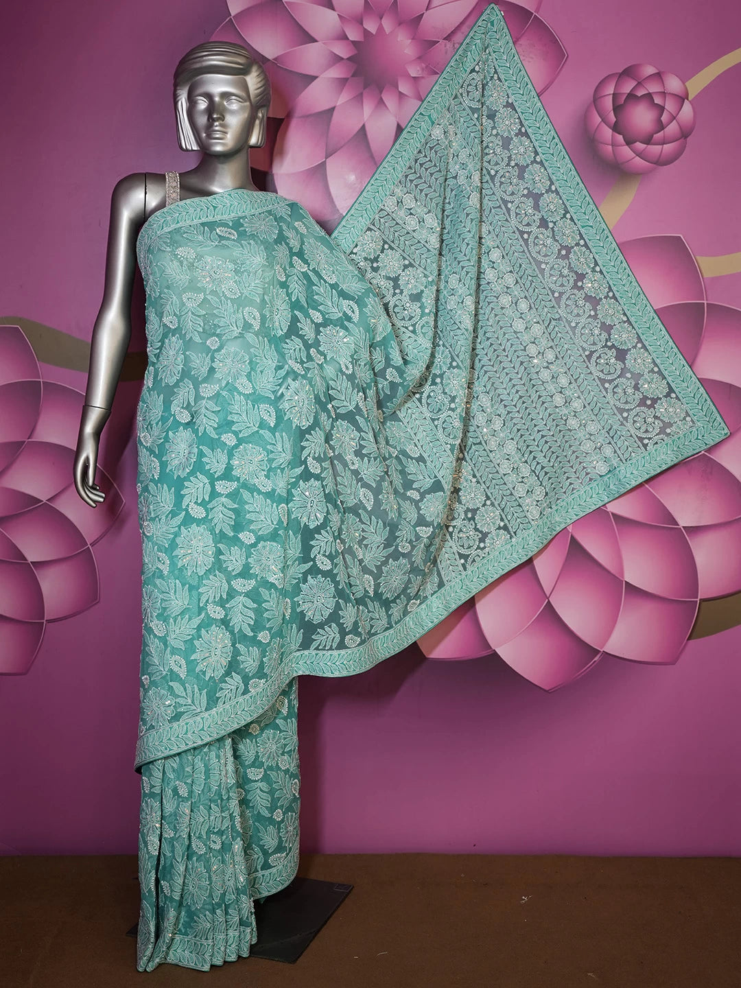 Ada Hand Embroidered Rama Green Georgette Lucknowi Chikankari Saree With Blouse And Cutdana Work 01A304734