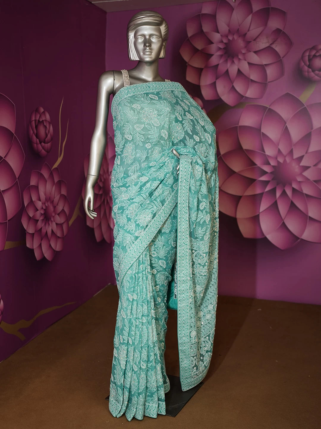 Ada Hand Embroidered Rama Green Georgette Lucknowi Chikankari Saree With Blouse And Cutdana Work 01A304734