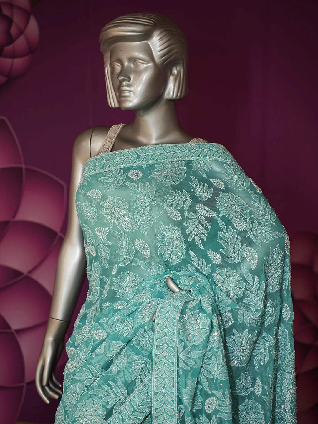Ada Hand Embroidered Rama Green Georgette Lucknowi Chikankari Saree With Blouse And Cutdana Work 01A304734