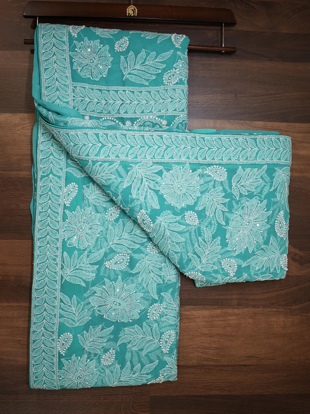 Ada Hand Embroidered Rama Green Georgette Lucknowi Chikankari Saree With Blouse And Cutdana Work 01A304734