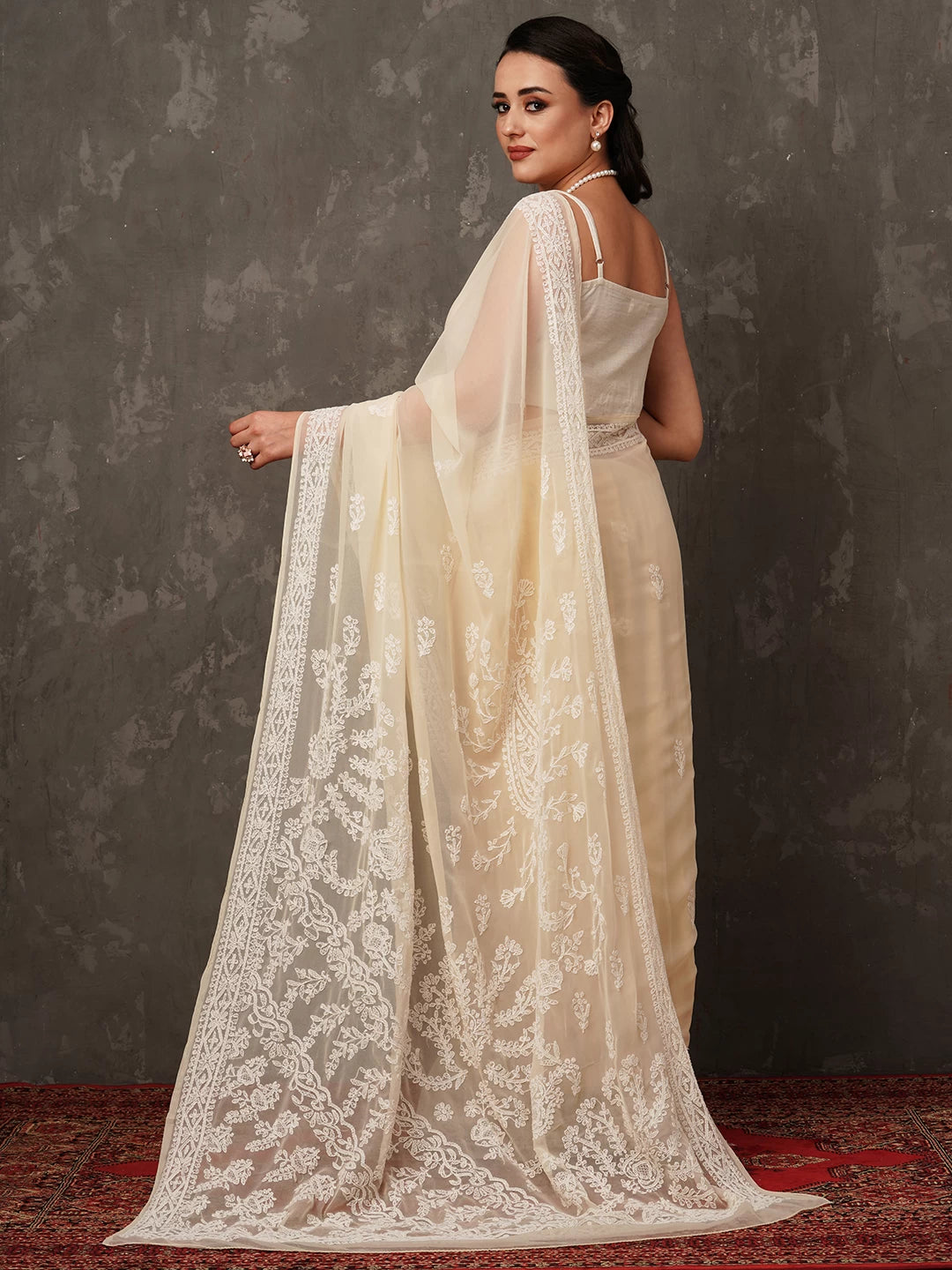 Ada Hand Embroidered Fawn Georgette Lucknowi Chikankari Saree with Blouse A204436