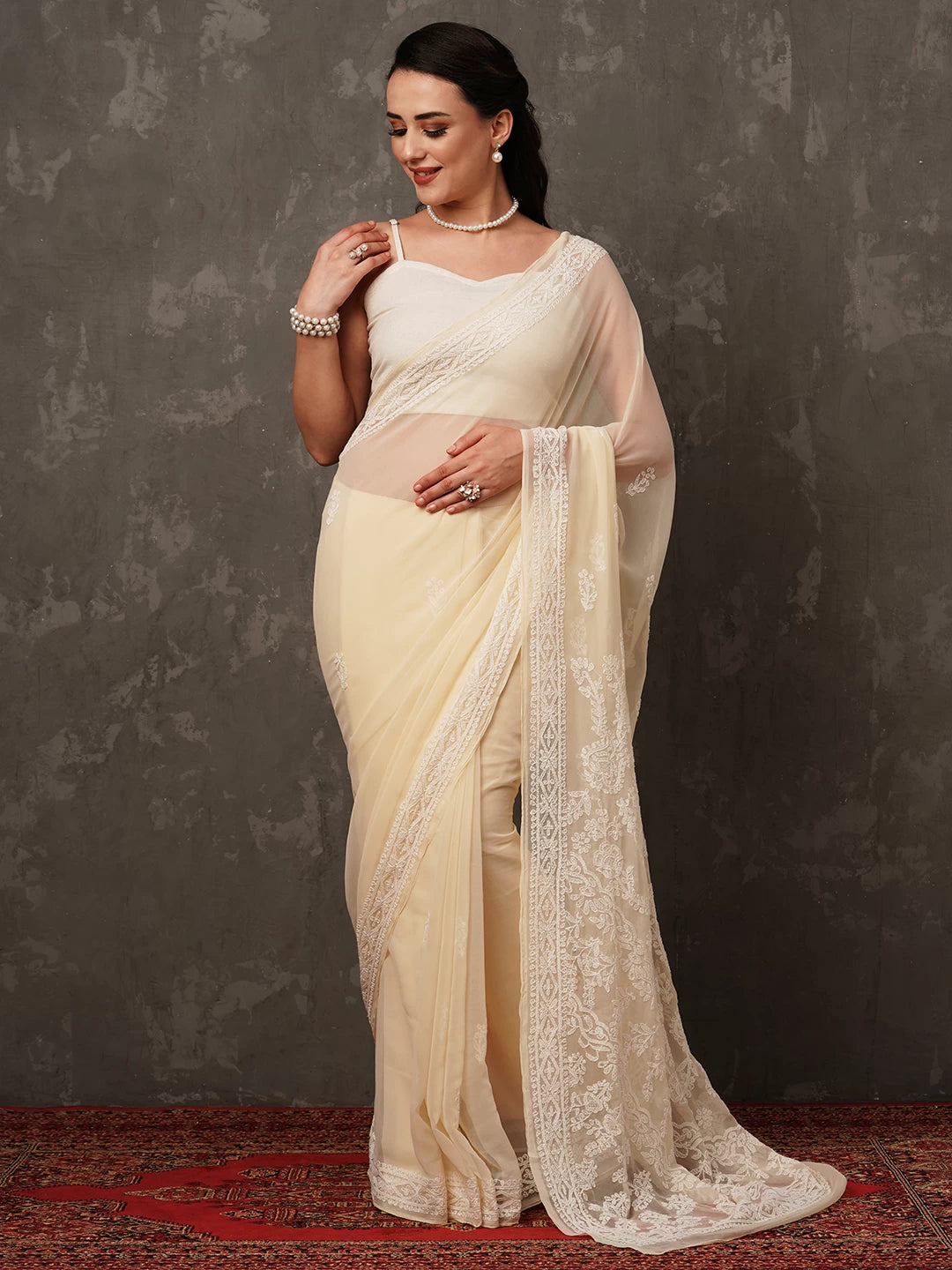 Ada Hand Embroidered Fawn Georgette Lucknowi Chikankari Saree with Blouse A204436