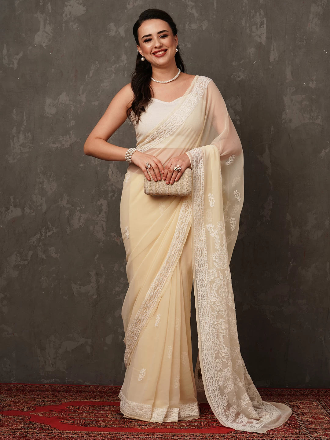 Ada Hand Embroidered Fawn Georgette Lucknowi Chikankari Saree with Blouse A204436