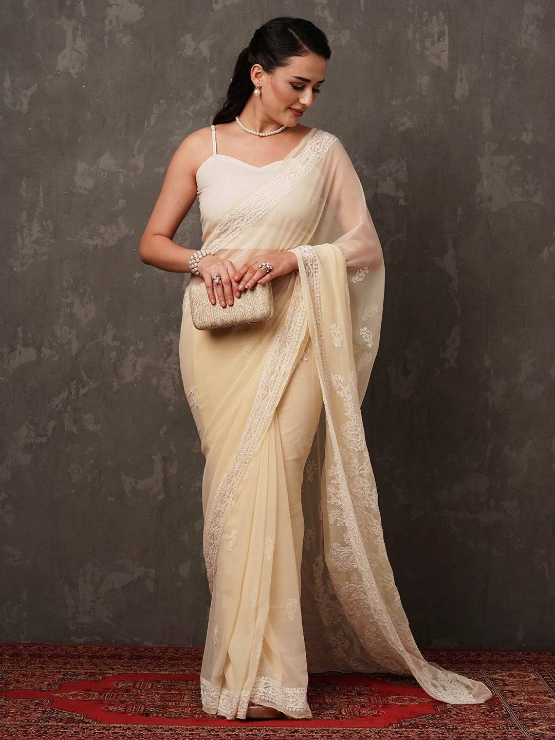 Ada Hand Embroidered Fawn Georgette Lucknowi Chikankari Saree with Blouse A204436