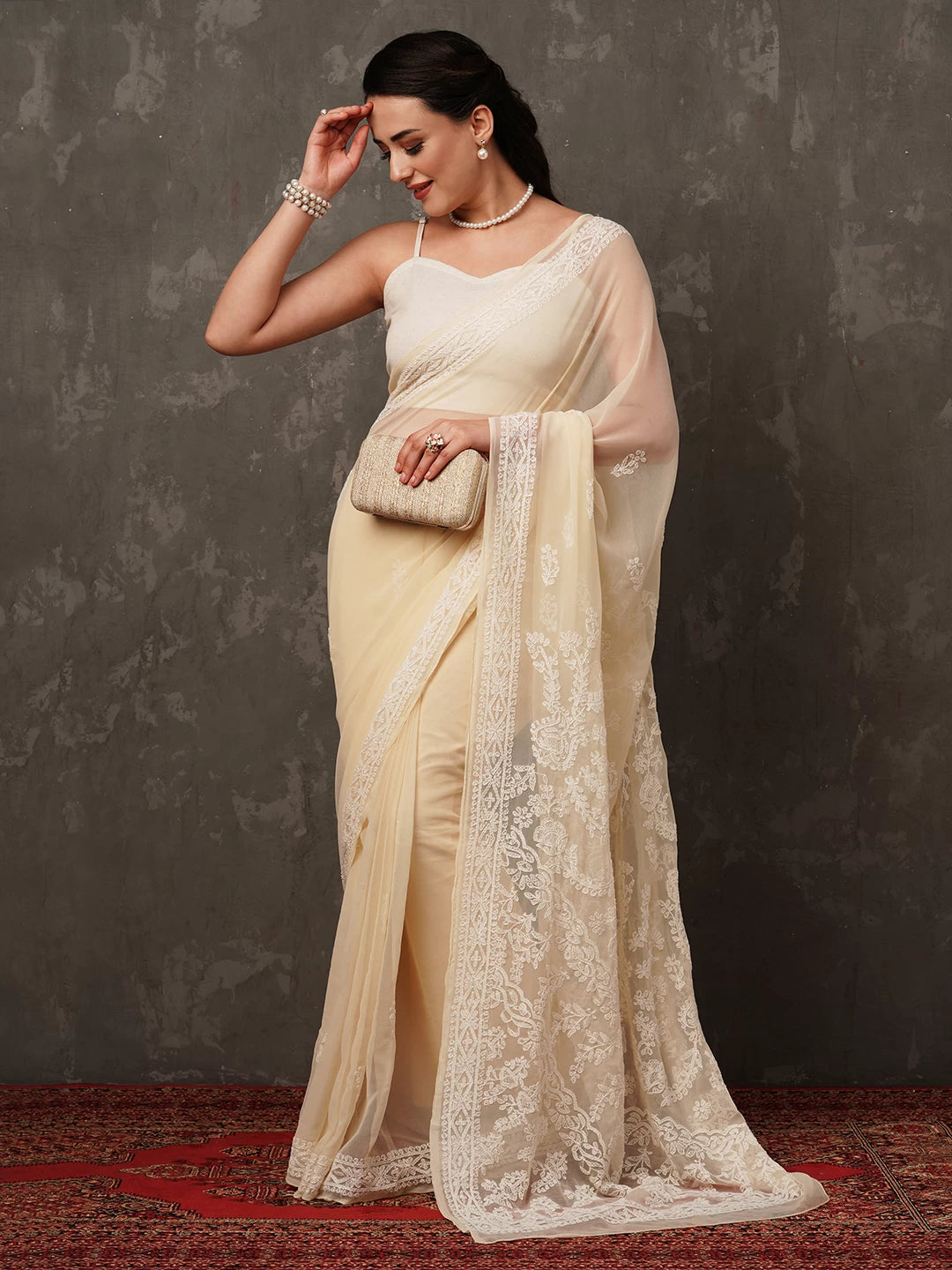 Ada Hand Embroidered Fawn Georgette Lucknowi Chikankari Saree with Blouse A204436