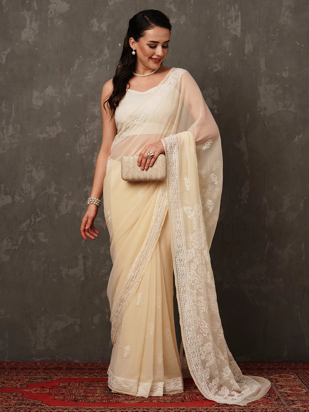 Ada Hand Embroidered Fawn Georgette Lucknowi Chikankari Saree with Blouse A204436