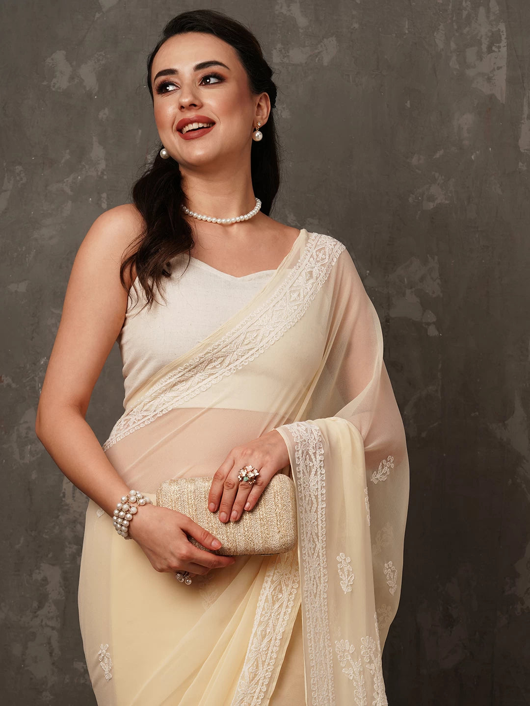 Ada Hand Embroidered Fawn Georgette Lucknowi Chikankari Saree with Blouse A204436