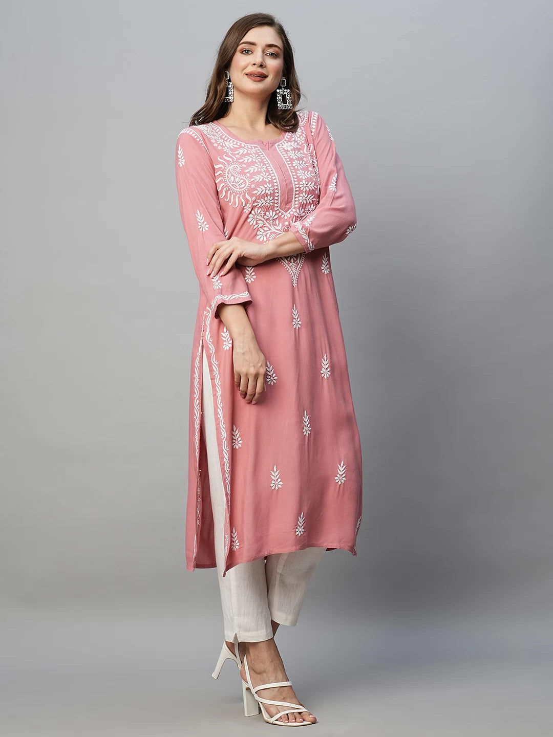Ada Hand Embroidered Dusty Pink Rayon Lucknowi Chikankari Straight Kurta A411488