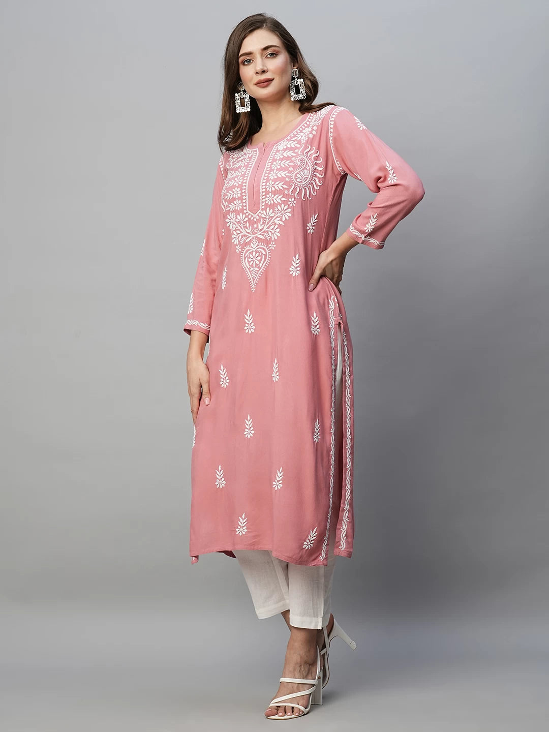 Ada Hand Embroidered Dusty Pink Rayon Lucknowi Chikankari Straight Kurta A411488