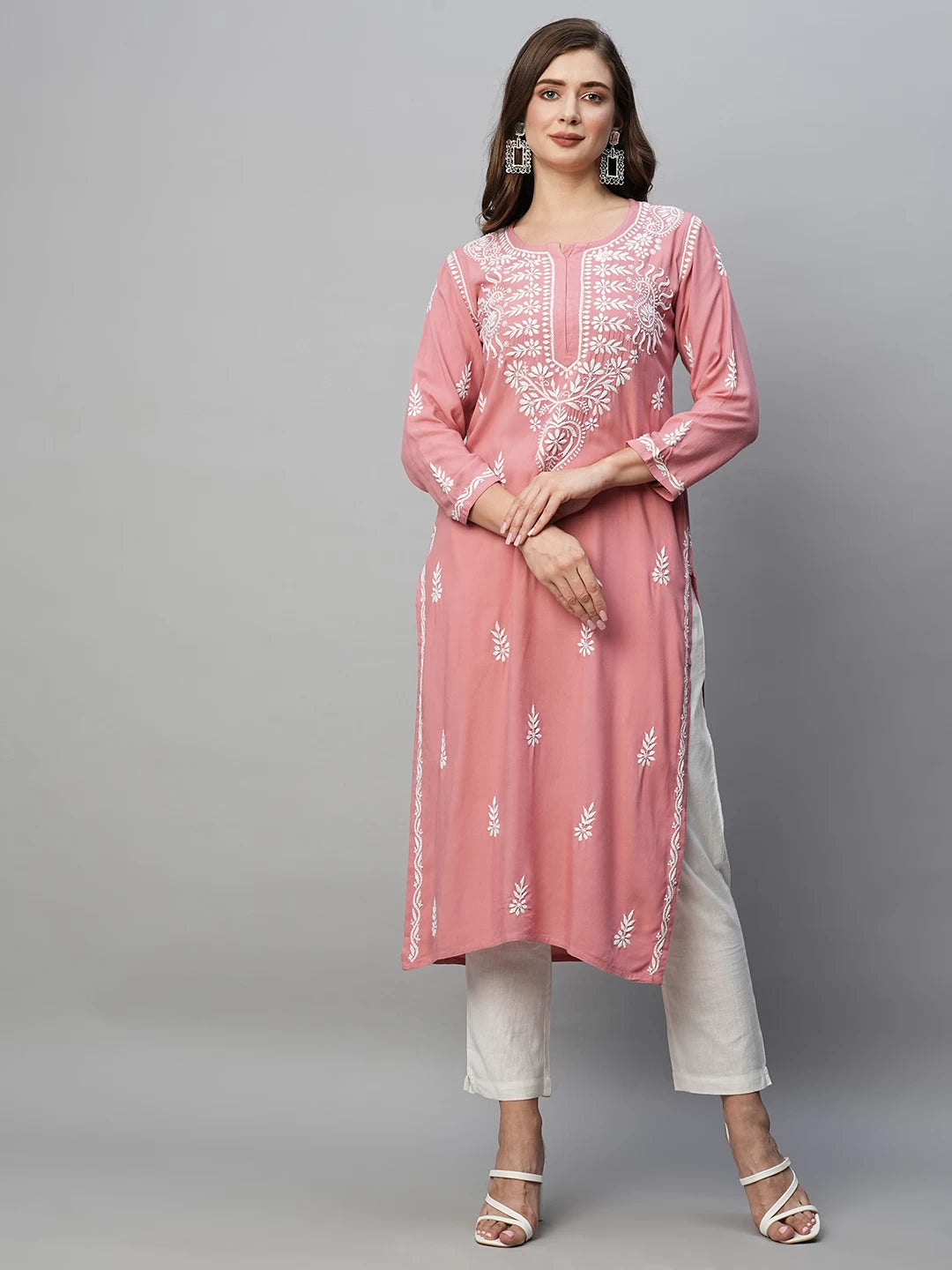 Ada Hand Embroidered Dusty Pink Rayon Lucknowi Chikankari Straight Kurta A411488