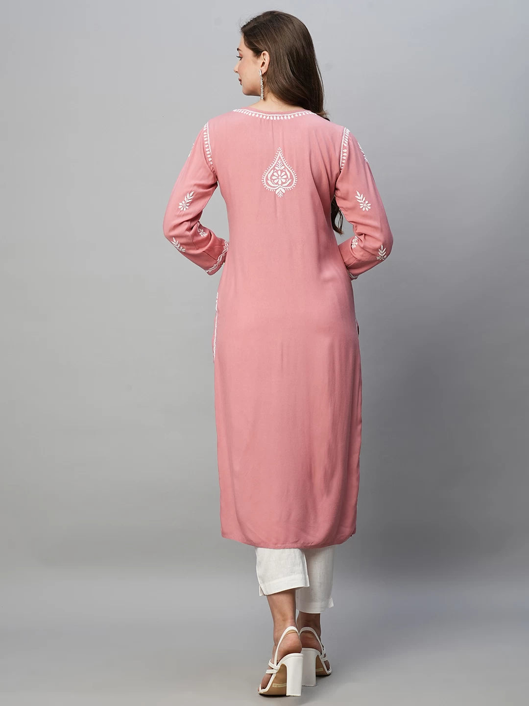 Ada Hand Embroidered Dusty Pink Rayon Lucknowi Chikankari Straight Kurta A411488