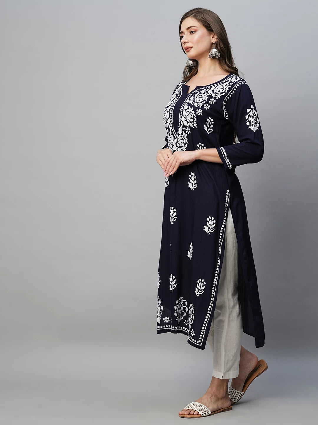 Ada Hand Embroidered Navy Blue Rayon Lucknowi Chikankari Straight Kurta A411514