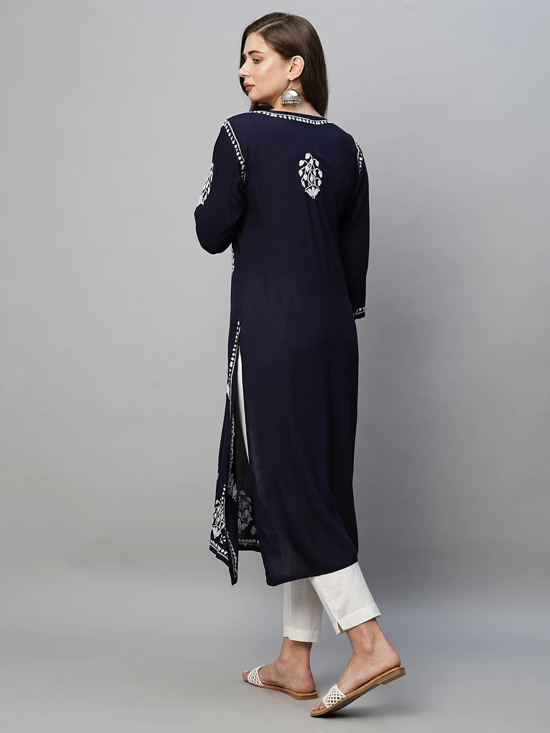 Ada Hand Embroidered Navy Blue Rayon Lucknowi Chikankari Straight Kurta A411514