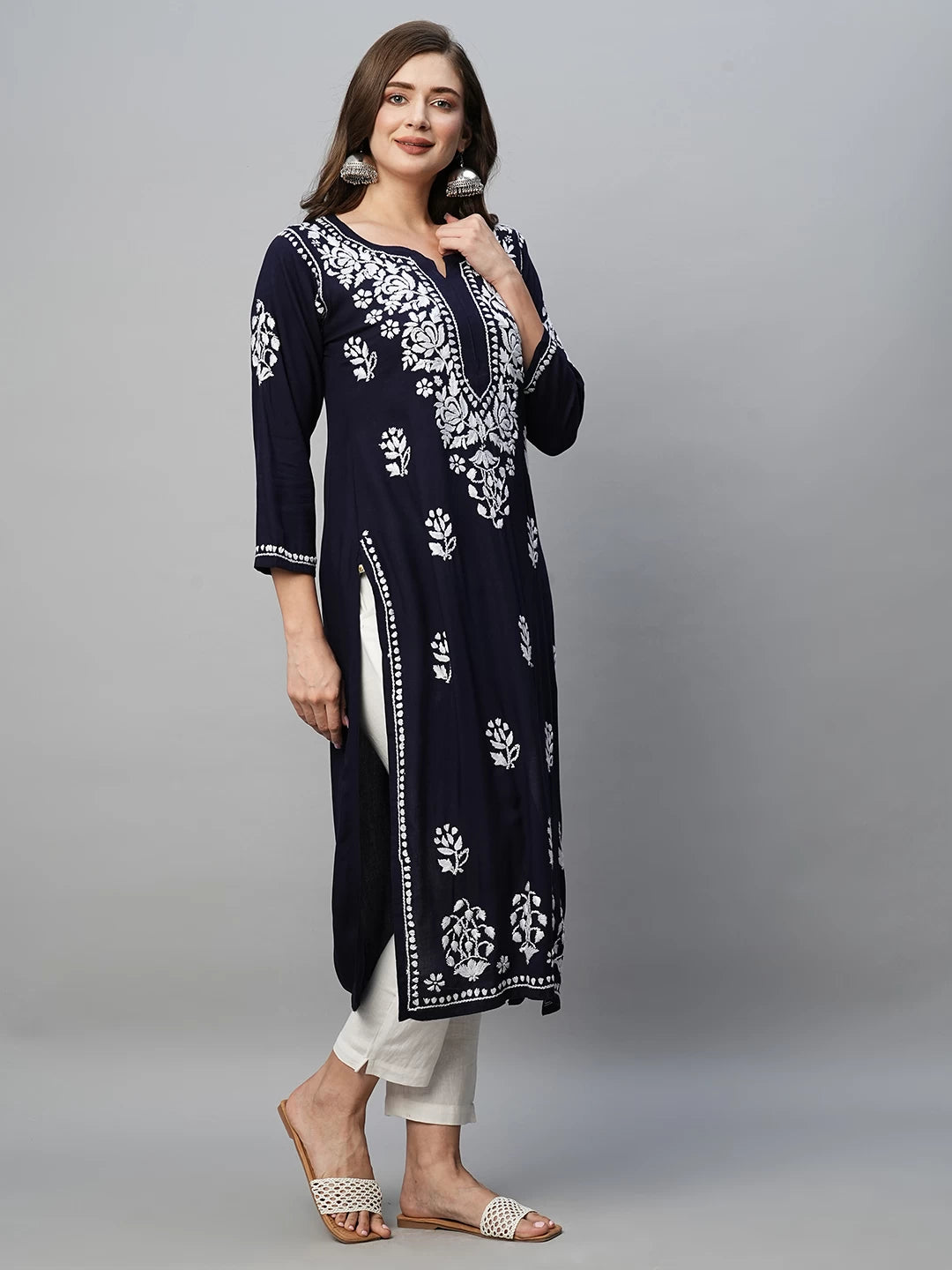 Ada Hand Embroidered Navy Blue Rayon Lucknowi Chikankari Straight Kurta A411514
